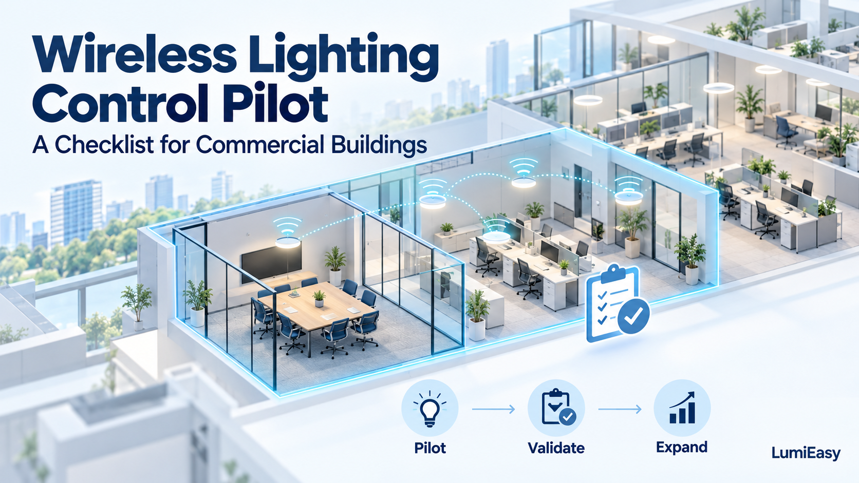 Commercial office illustration highlighting a wireless lighting control pilot zone and the pilot, validate, and expand process.