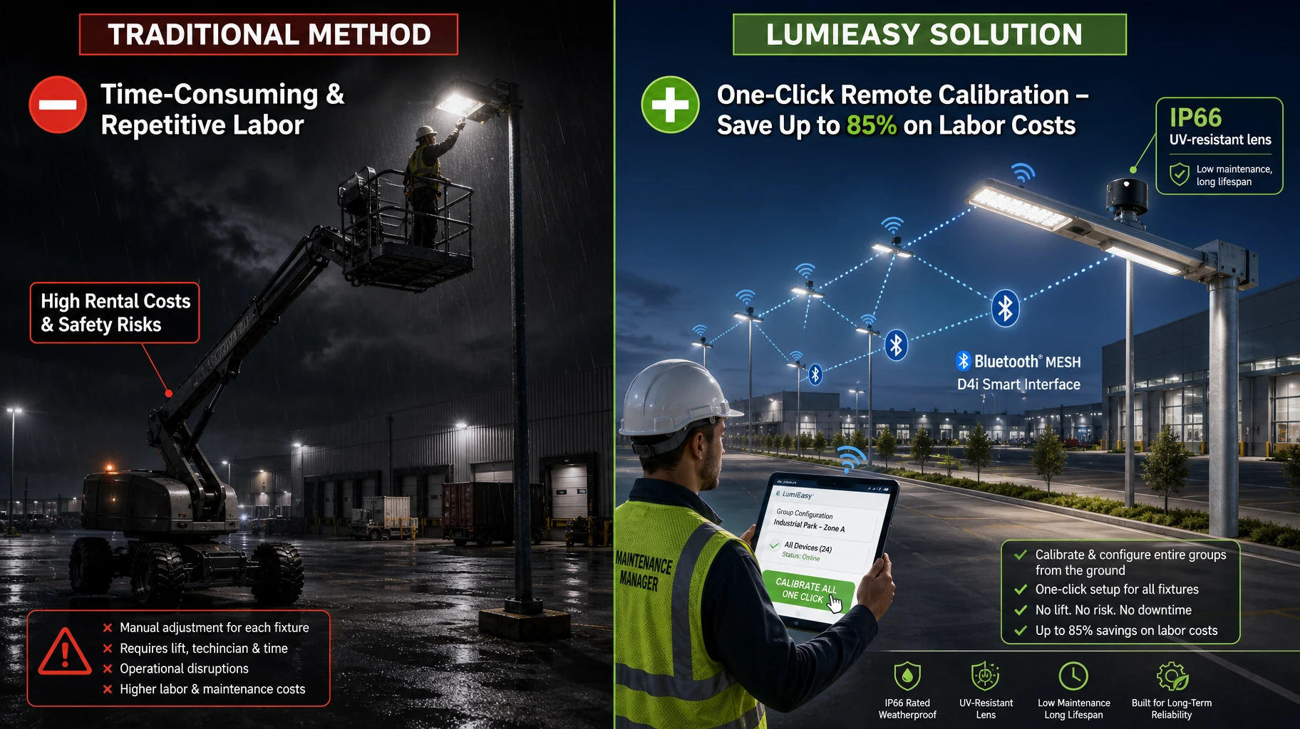 Smart outdoor photocell sensor calibration comparison saving labor costs LumiEasy Smart outdoor photocell sensor calibration comparison saving labor costs LumiEasy