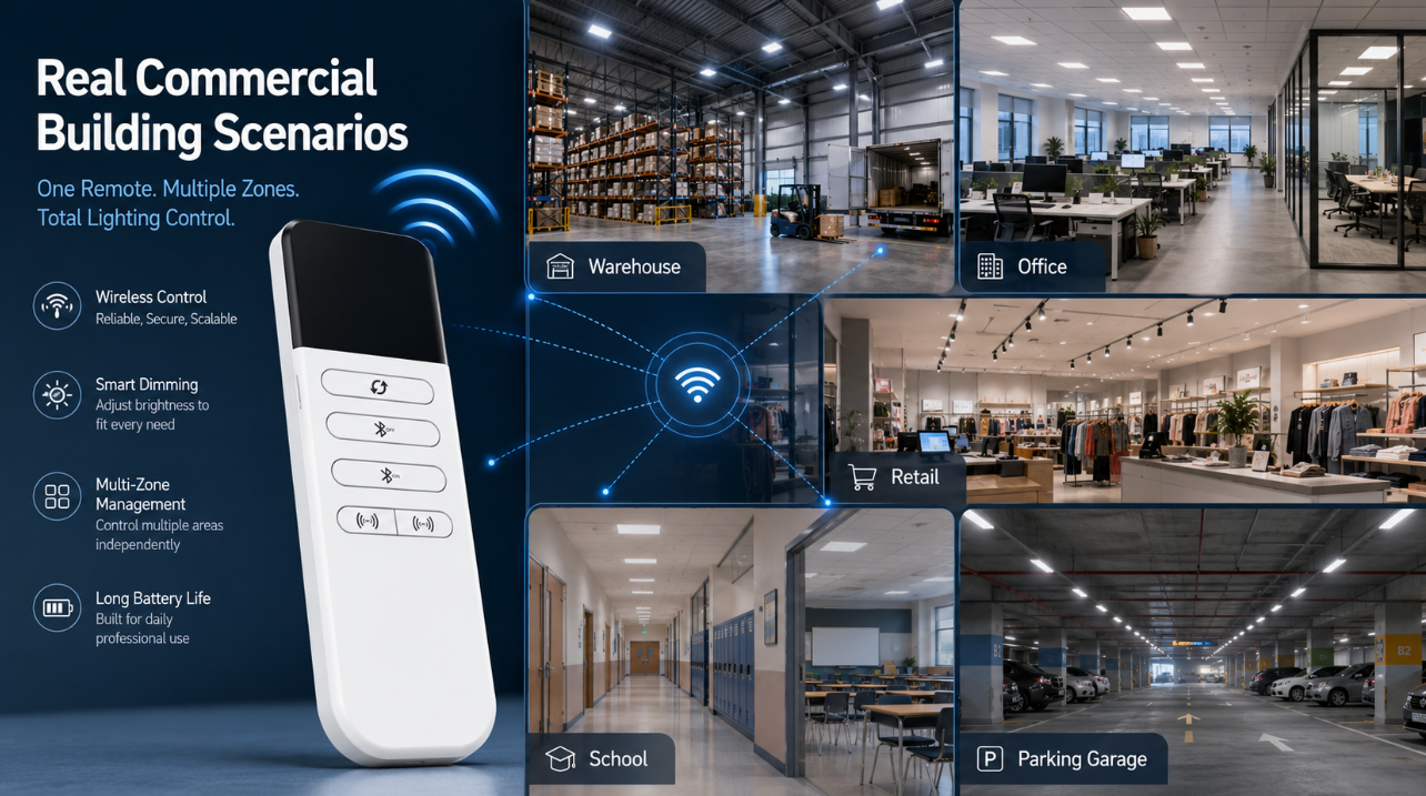 Multi-zone lighting remote for commercial buildings with wireless control across warehouse, office, retail, school, and parking garage zones Multi-zone lighting remote for commercial buildings with wireless control across warehouse, office, retail, school, and parking garage zones