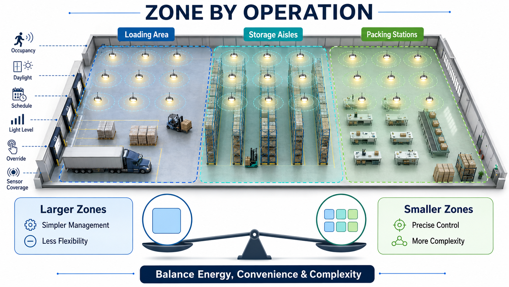 Warehouse lighting zones based on operational needs Warehouse lighting zones based on operational needs