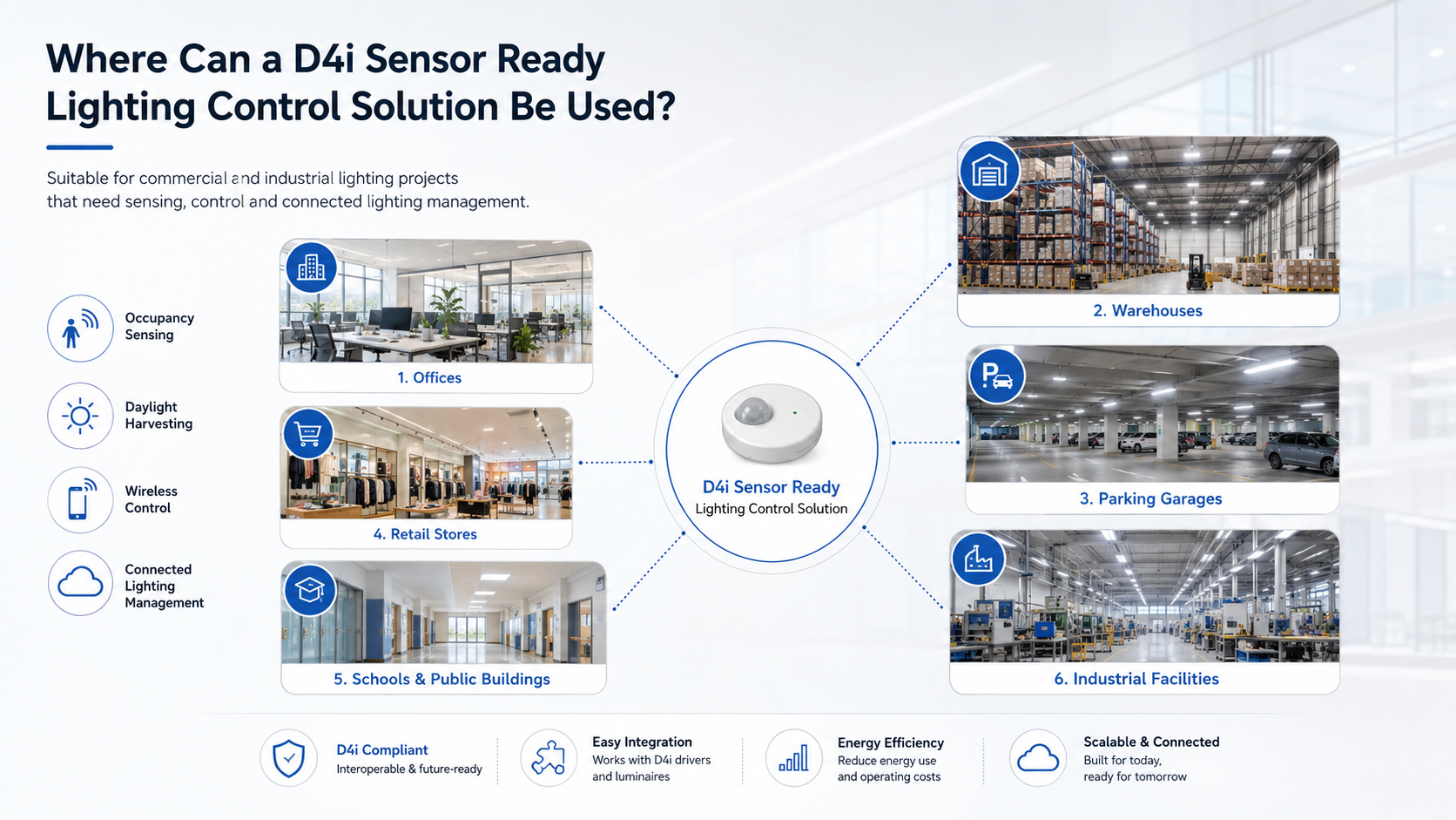 D4i sensor ready lighting control solution application diagram for offices, warehouses, parking garages, retail stores, schools and industrial facilities with occupancy sensing, daylight harvesting, wireless control and connected lighting management.
