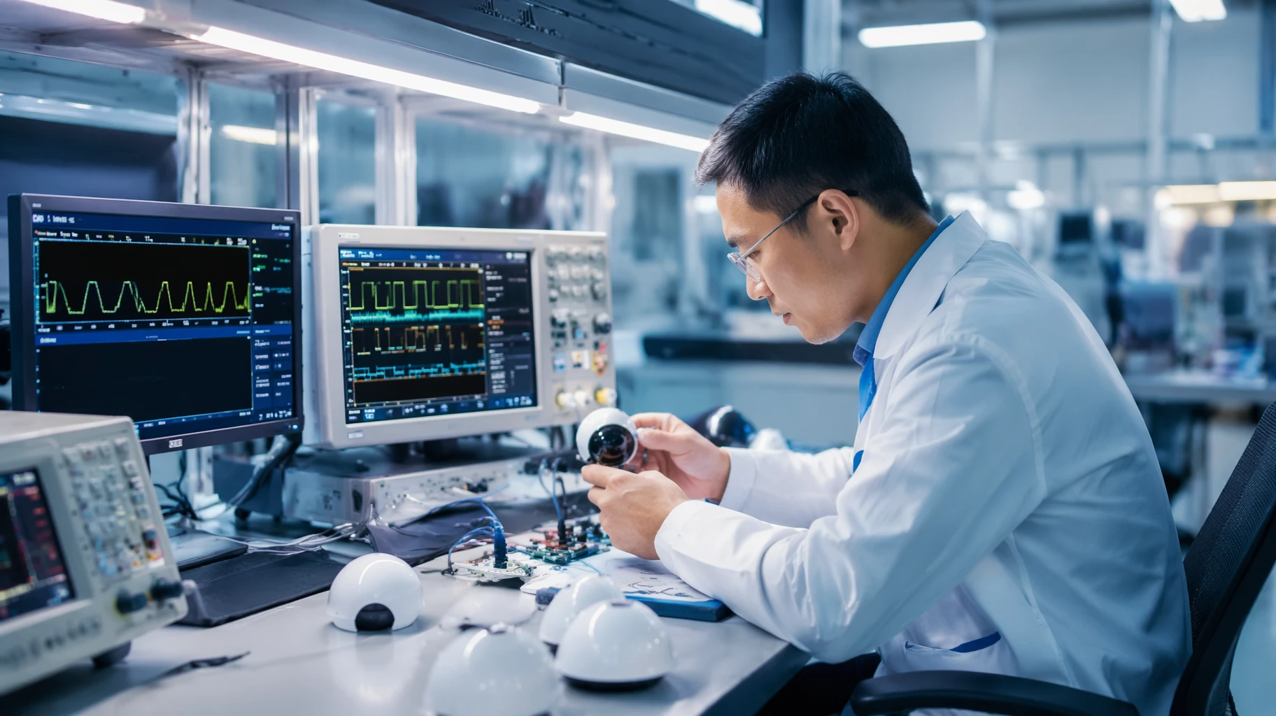 LumiEasy R&D laboratory conducting interoperability protocol testing for wireless lighting sensors