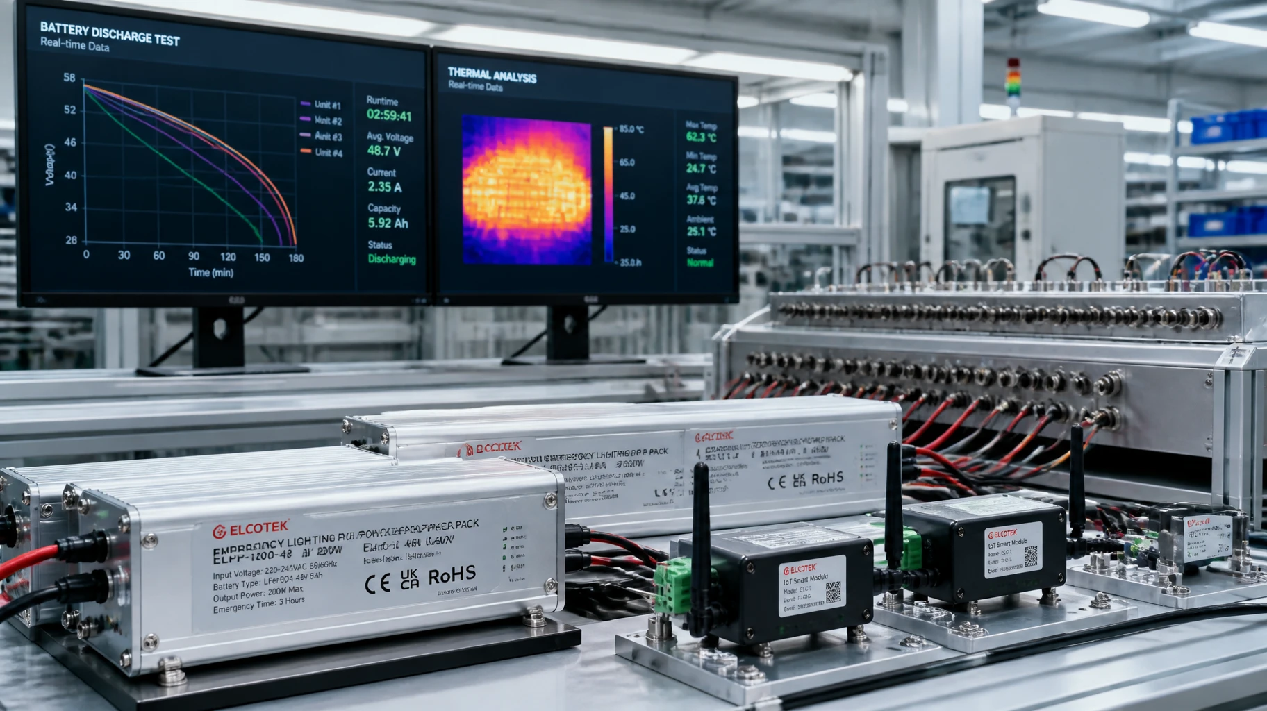 LumiEasy factory-level manufacturing floor conducting dynamic load and battery duration tests for emergency lighting power packs LumiEasy factory-level manufacturing floor conducting dynamic load and battery duration tests for emergency lighting power packs