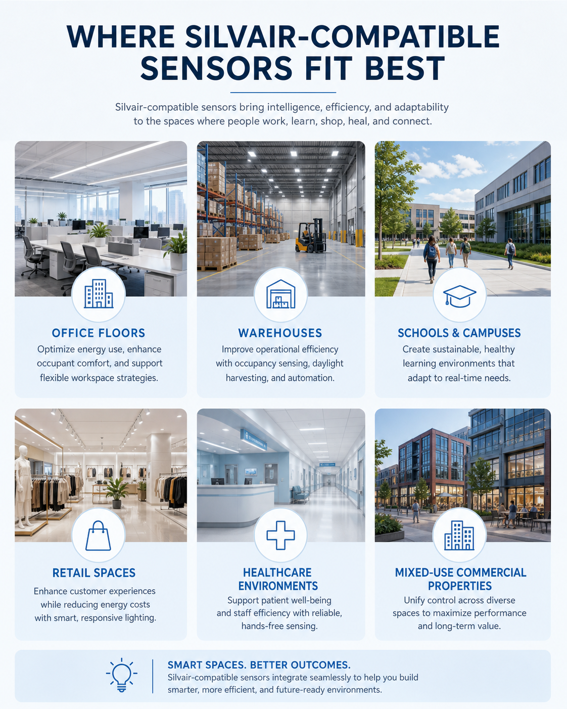Commercial building types where Silvair-compatible sensors are commonly used Commercial building types where Silvair-compatible sensors are commonly used
