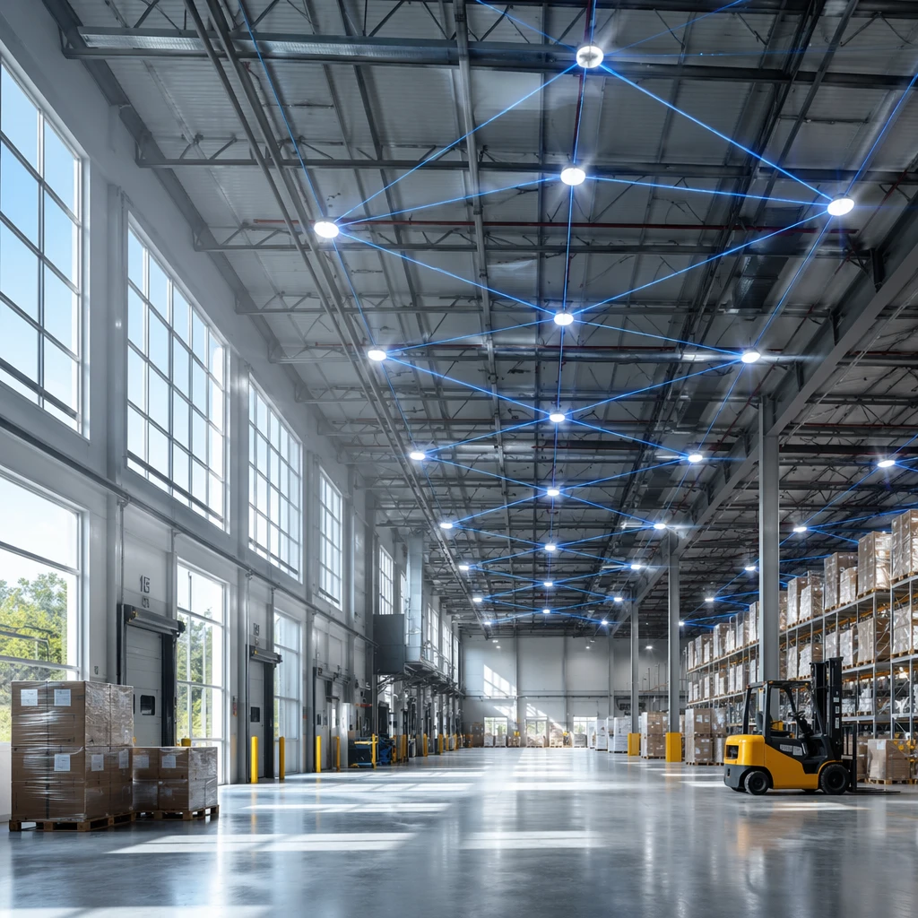 NLC certified lighting controls with integrated LLLC sensors operating in a modern North American industrial warehouse