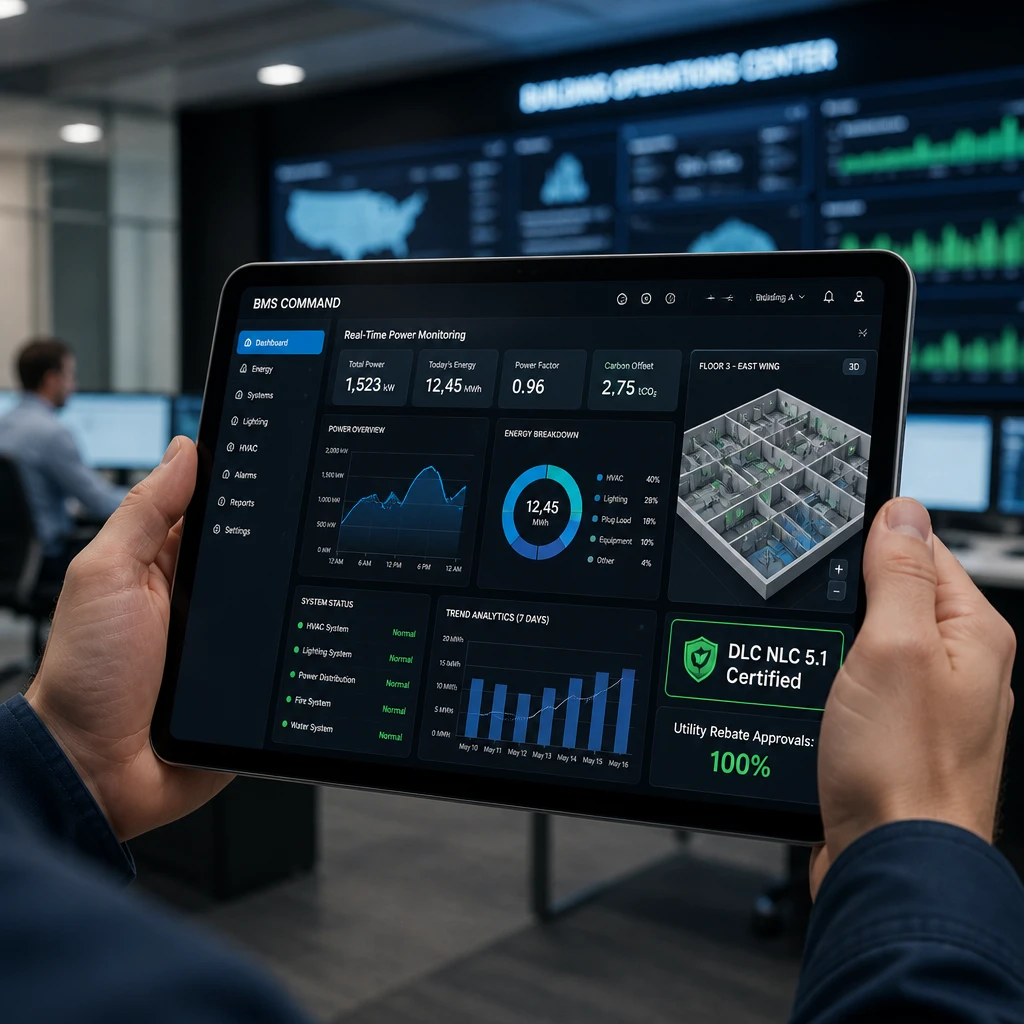 LumiEasy central lighting management software interface showing NLC connected system energy consumption reports