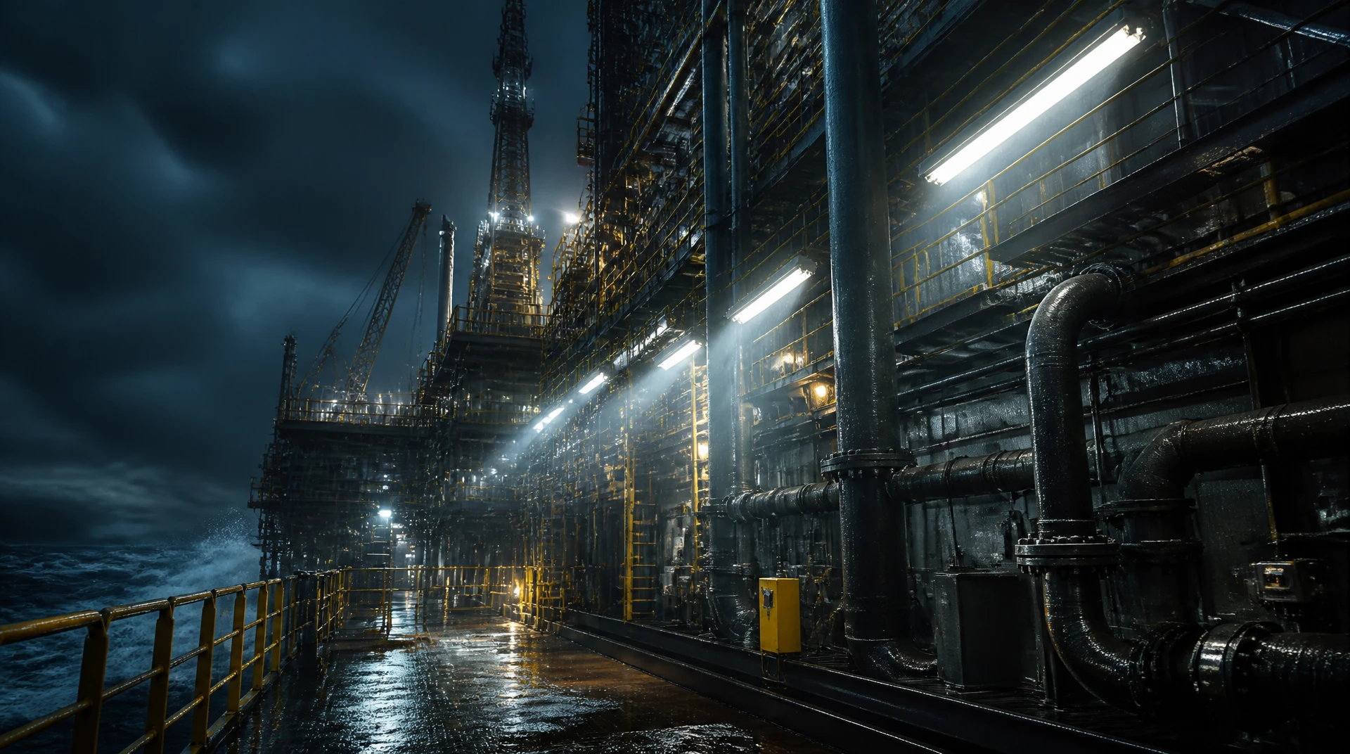 ATEX certified hazardous area lighting systems installed on an offshore oil drilling platform in harsh weather ATEX certified hazardous area lighting systems installed on an offshore oil drilling platform in harsh weather