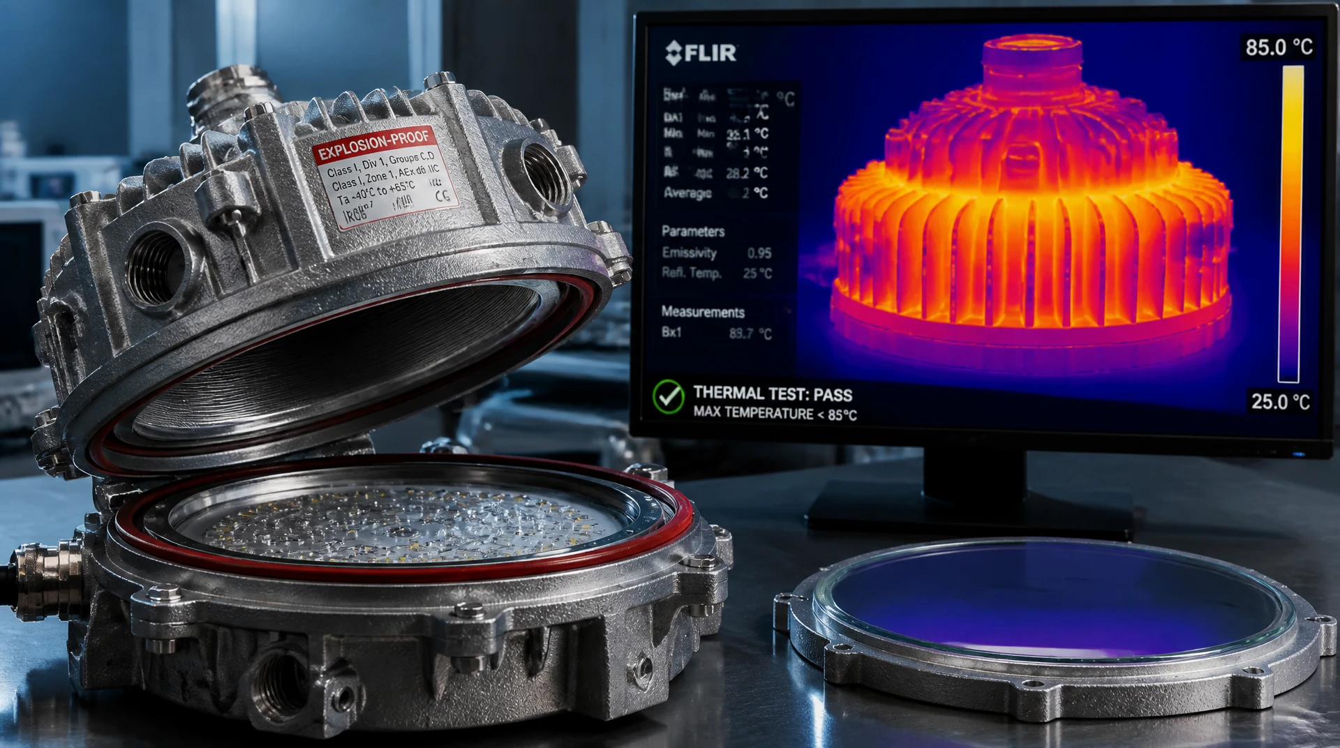 LumiEasy engineering laboratory testing thermal dissipation and flameproof enclosures for ATEX certified lighting LumiEasy engineering laboratory testing thermal dissipation and flameproof enclosures for ATEX certified lighting