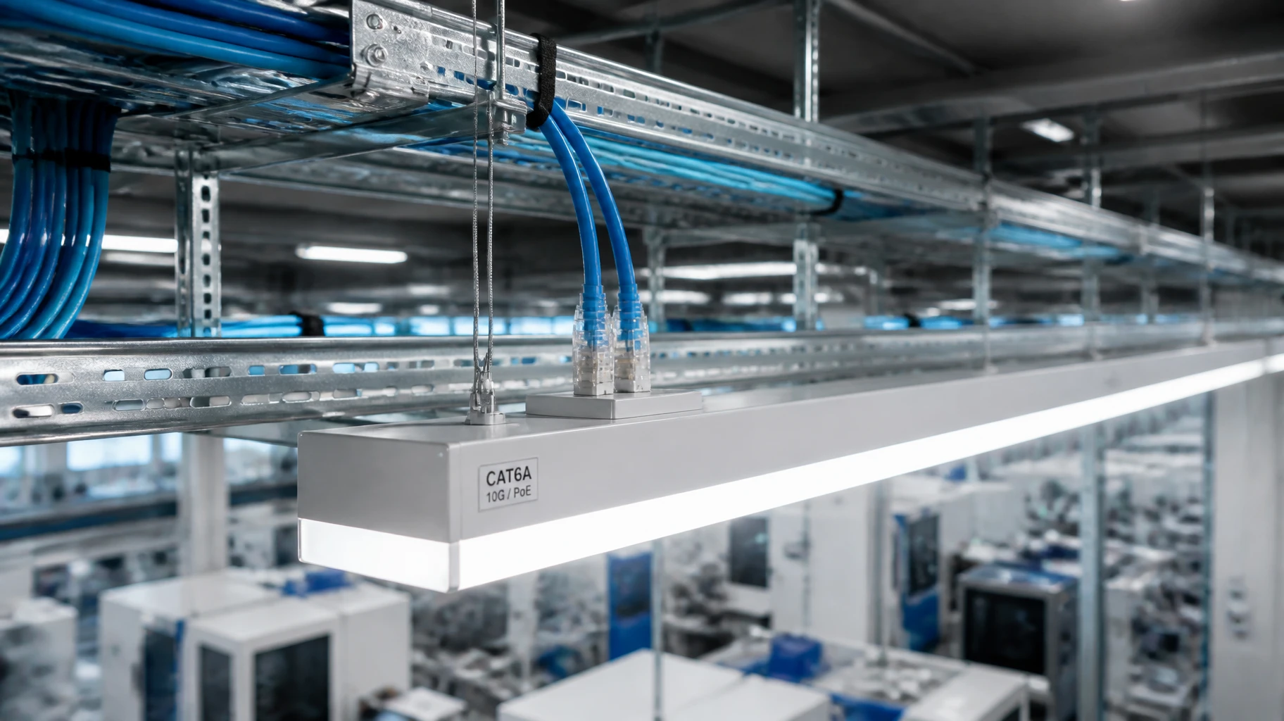 Cat6A structured cabling infrastructure supplying power to PoE networked lighting controls in a smart factory Cat6A structured cabling infrastructure supplying power to PoE networked lighting controls in a smart factory
