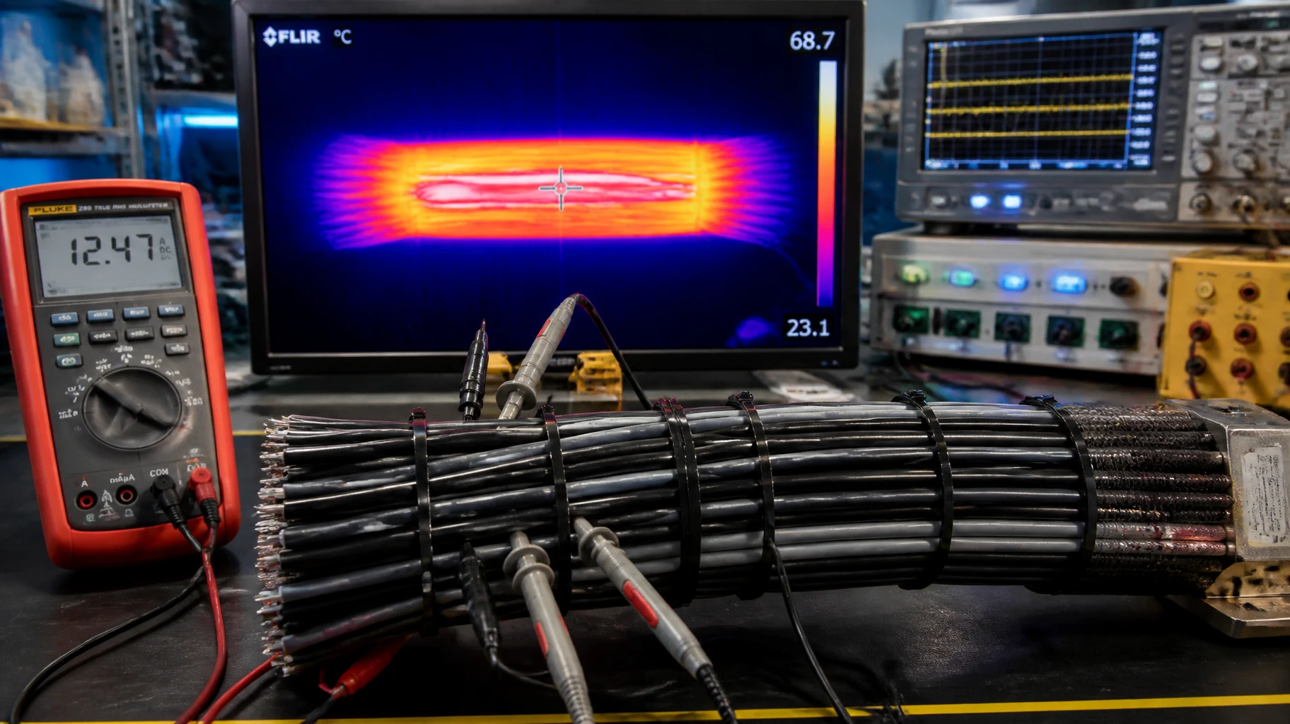 LumiEasy engineering laboratory conducting thermal dissipation testing on Ethernet cable bundles under IEEE 802.3bt 90W load LumiEasy engineering laboratory conducting thermal dissipation testing on Ethernet cable bundles under IEEE 802.3bt 90W load