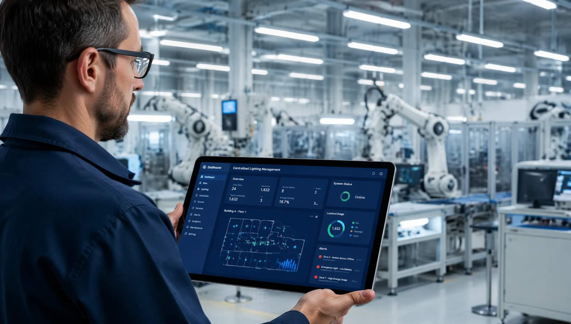 Industrial systems engineer using a tablet to monitor integrated central lighting management software on a smart factory floor Industrial systems engineer using a tablet to monitor integrated central lighting management software on a smart factory floor