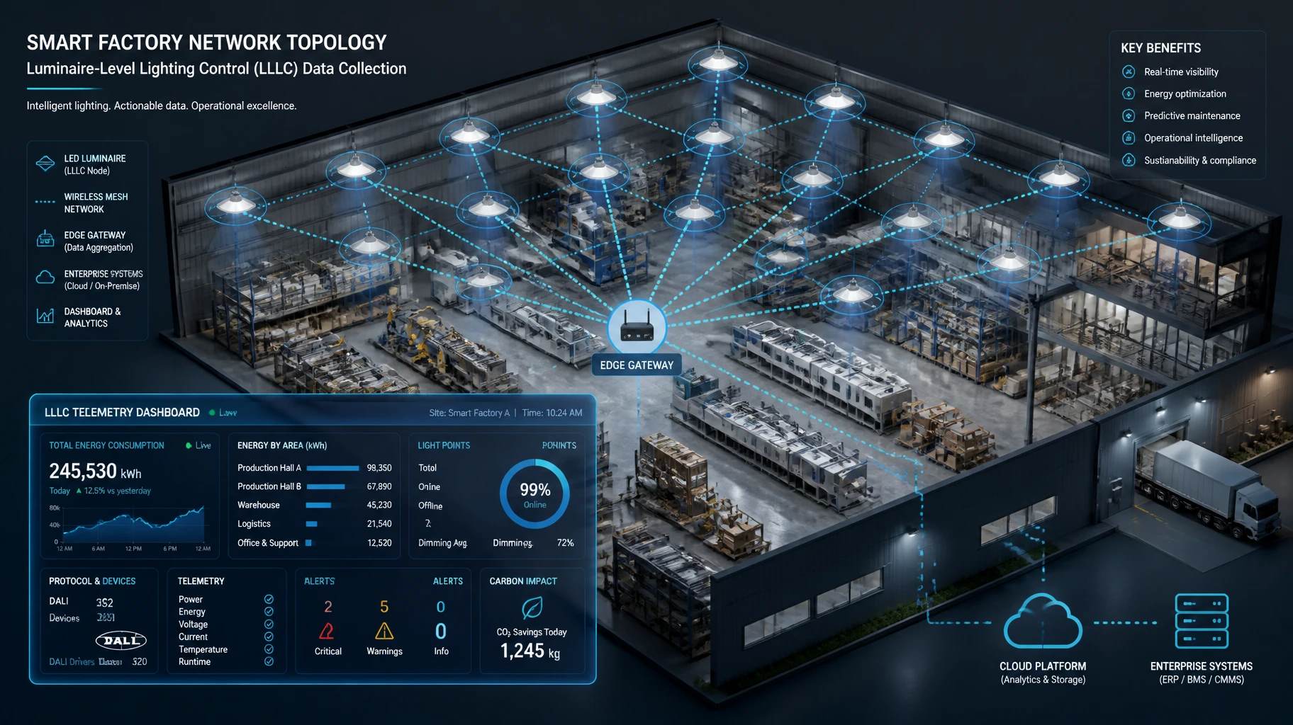 3D isometric network topology diagram demonstrating LLLC energy reporting data collection protocols in a smart factory, with wireless mesh lines connecting industrial LED high-bay luminaires to an edge gateway and telemetry charts. 3D isometric network topology diagram demonstrating LLLC energy reporting data collection protocols in a smart factory, with wireless mesh lines connecting industrial LED high-bay luminaires to an edge gateway and telemetry charts.