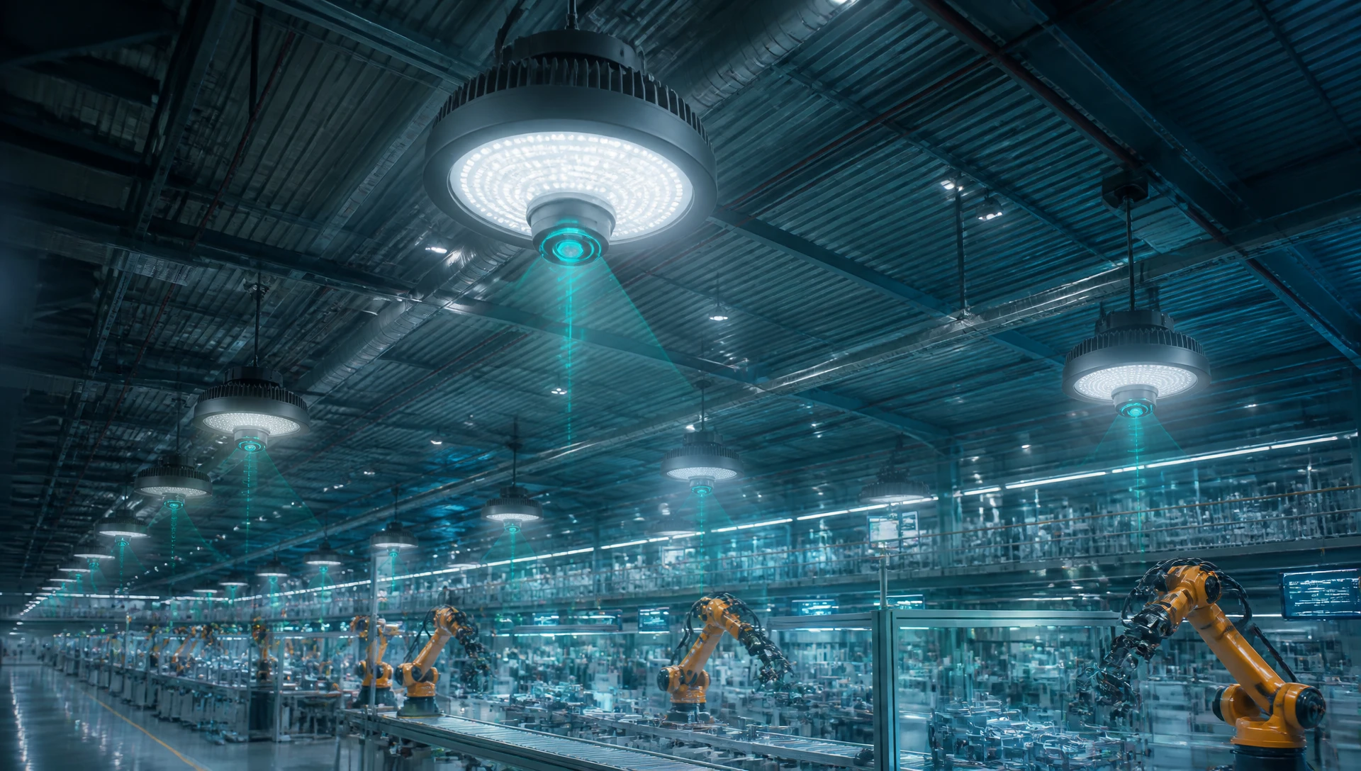 Low-angle view of rugged industrial LED high-bay luminaires with integrated smart sensors harvesting telemetry data on a modern automated factory floor with robotic arms. Low-angle view of rugged industrial LED high-bay luminaires with integrated smart sensors harvesting telemetry data on a modern automated factory floor with robotic arms.
