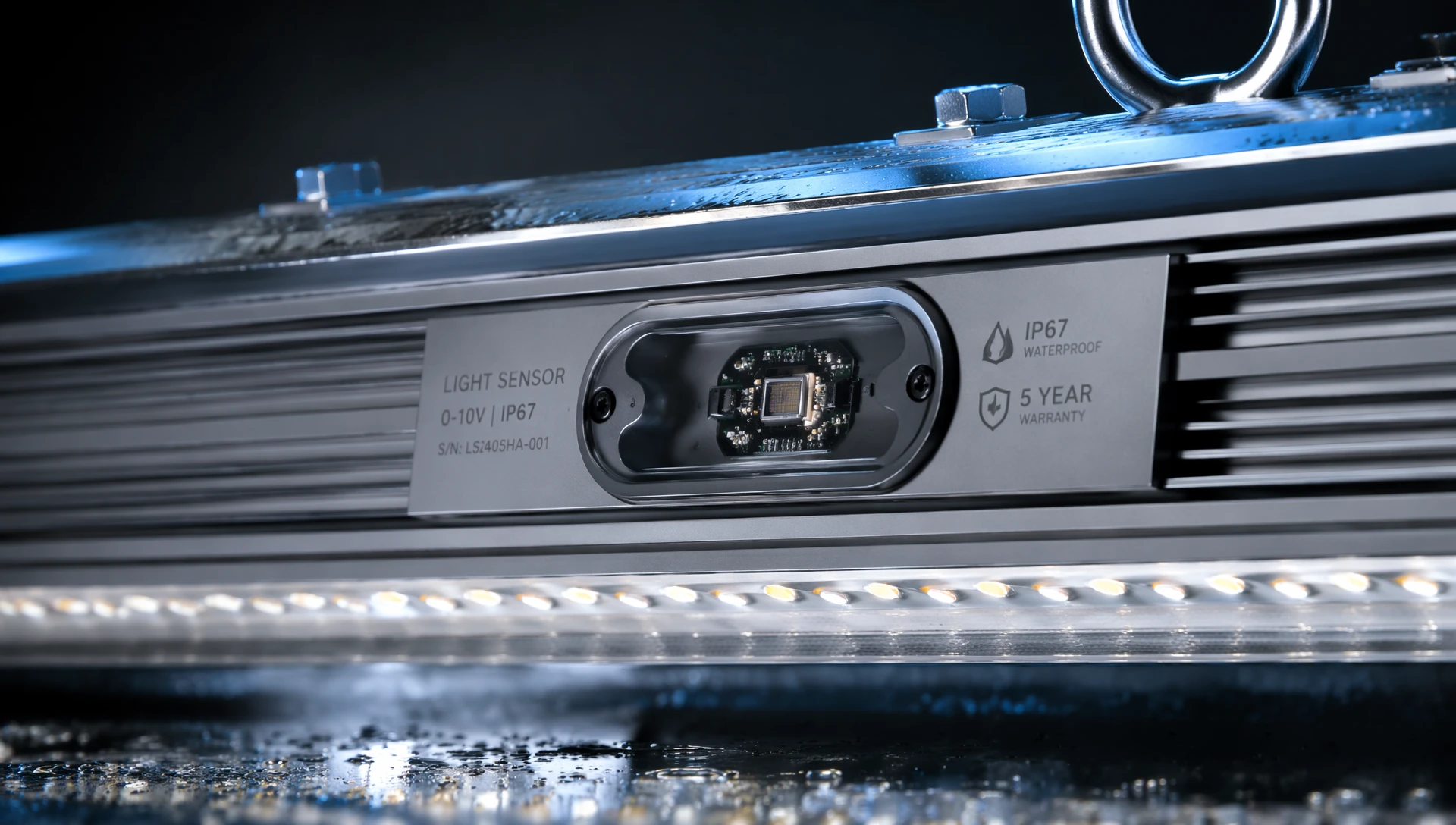 Close-up shot of an industrial integrated linear light sensor embedded in a rugged aluminum LED high-bay fixture housing Close-up shot of an industrial integrated linear light sensor embedded in a rugged aluminum LED high-bay fixture housing