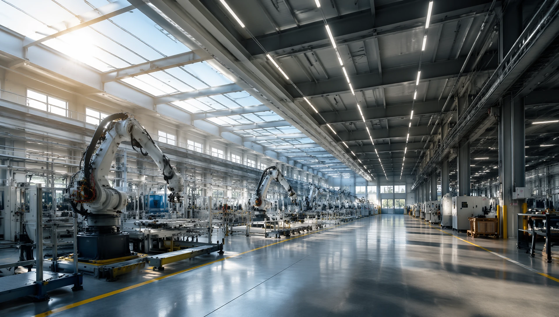 A wide-angle, low-angle professional architectural technical photography of a massive, modern smart factory floor. Massive industrial skylights let natural morning sunlight stream onto automated production lines with robotic arms. High above, rows of continuous linear LED lighting fixtures are active, with those closer to the bright skylights smoothly dimmed down, and those over darker zones running brighter. Perfectly balanced contrast, step-less dimming visual effect, realistic daylighting and shadows, industrial efficiency aesthetic, hyper-realistic, 8k resolution. --ar 16:9 --v 6.0 A wide-angle, low-angle professional architectural technical photography of a massive, modern smart factory floor. Massive industrial skylights let natural morning sunlight stream onto automated production lines with robotic arms. High above, rows of continuous linear LED lighting fixtures are active, with those closer to the bright skylights smoothly dimmed down, and those over darker zones running brighter. Perfectly balanced contrast, step-less dimming visual effect, realistic daylighting and shadows, industrial efficiency aesthetic, hyper-realistic, 8k resolution. --ar 16:9 --v 6.0