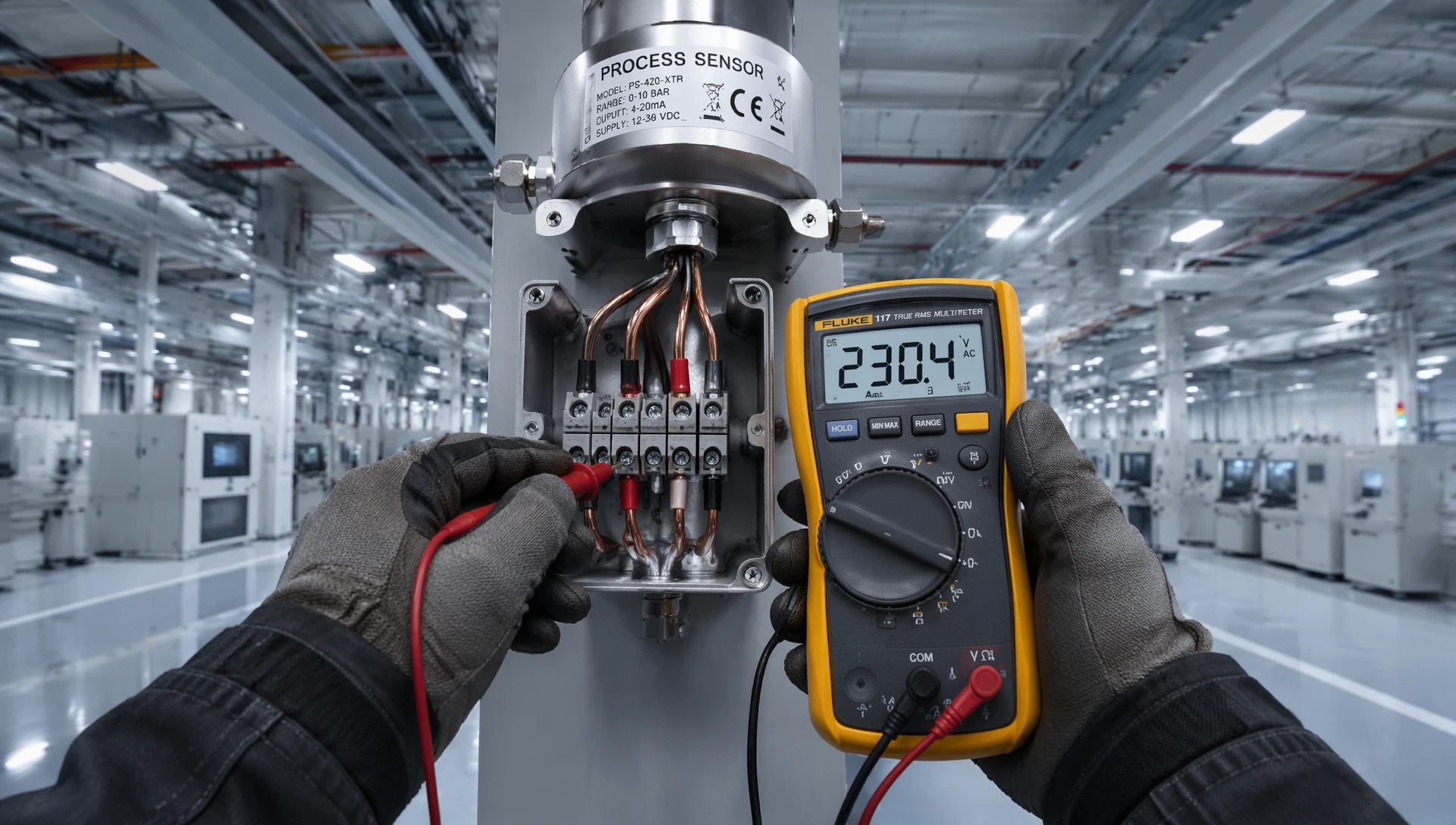 Industrial electrical engineer measuring line voltage requirements on a hardwired sensor network using a digital multimeter inside a factory Industrial electrical engineer measuring line voltage requirements on a hardwired sensor network using a digital multimeter inside a factory