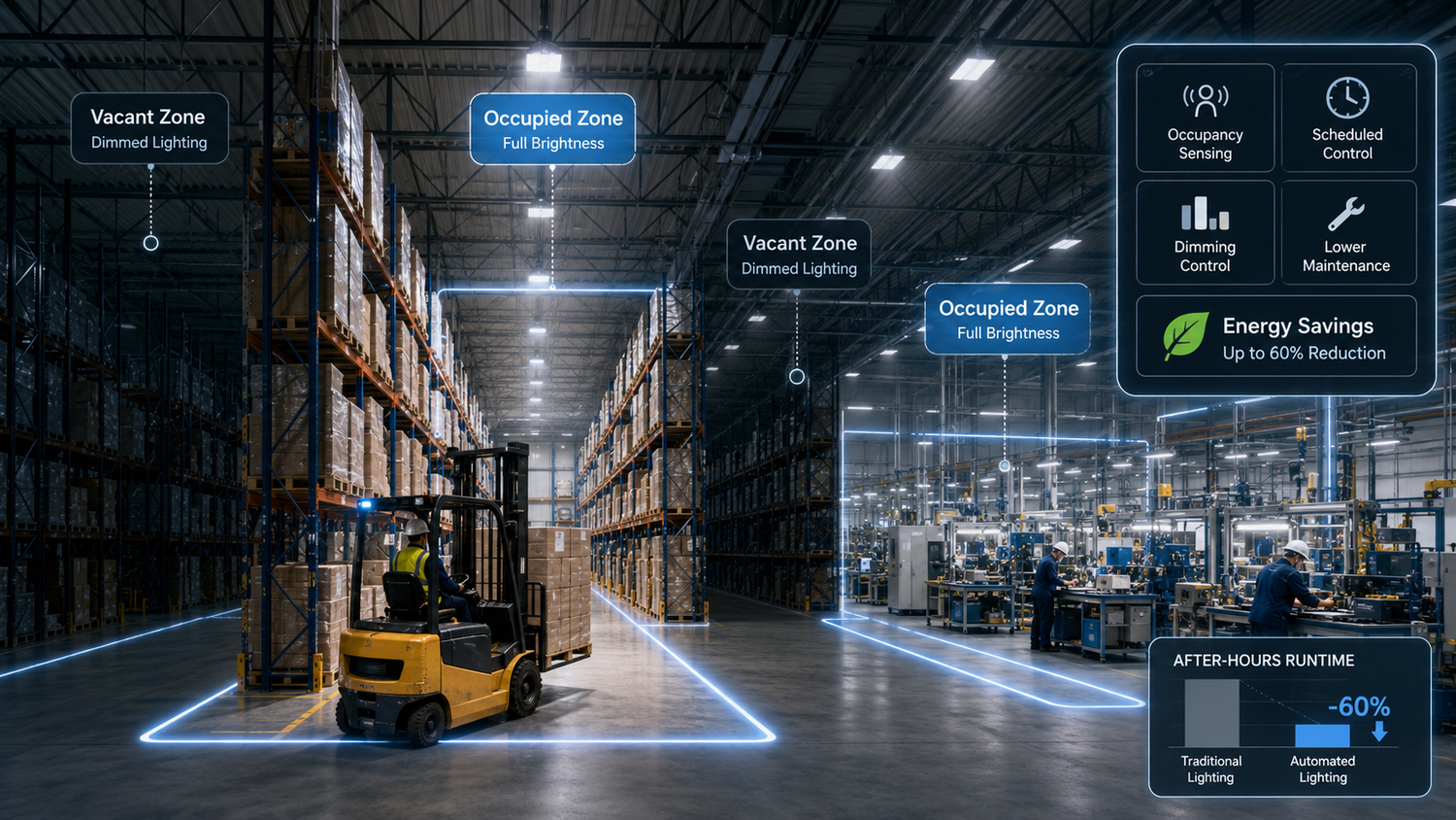 Automated lighting in warehouses and factories. Automated lighting in warehouses and factories.