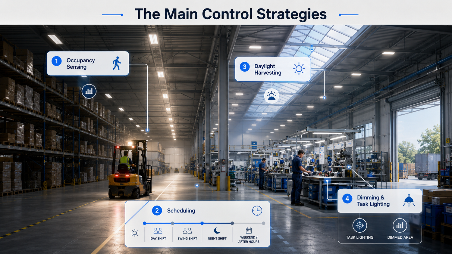 Main industrial lighting control strategies. Main industrial lighting control strategies.