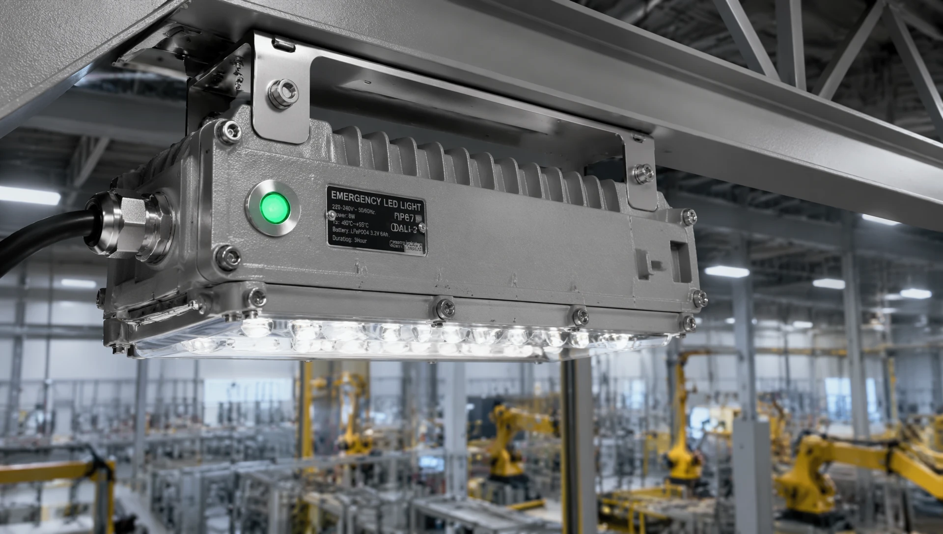 Heavy-duty rugged IP67 industrial emergency LED lighting fixture with smart DALI-2 monitoring module mounted on a factory ceiling truss Heavy-duty rugged IP67 industrial emergency LED lighting fixture with smart DALI-2 monitoring module mounted on a factory ceiling truss