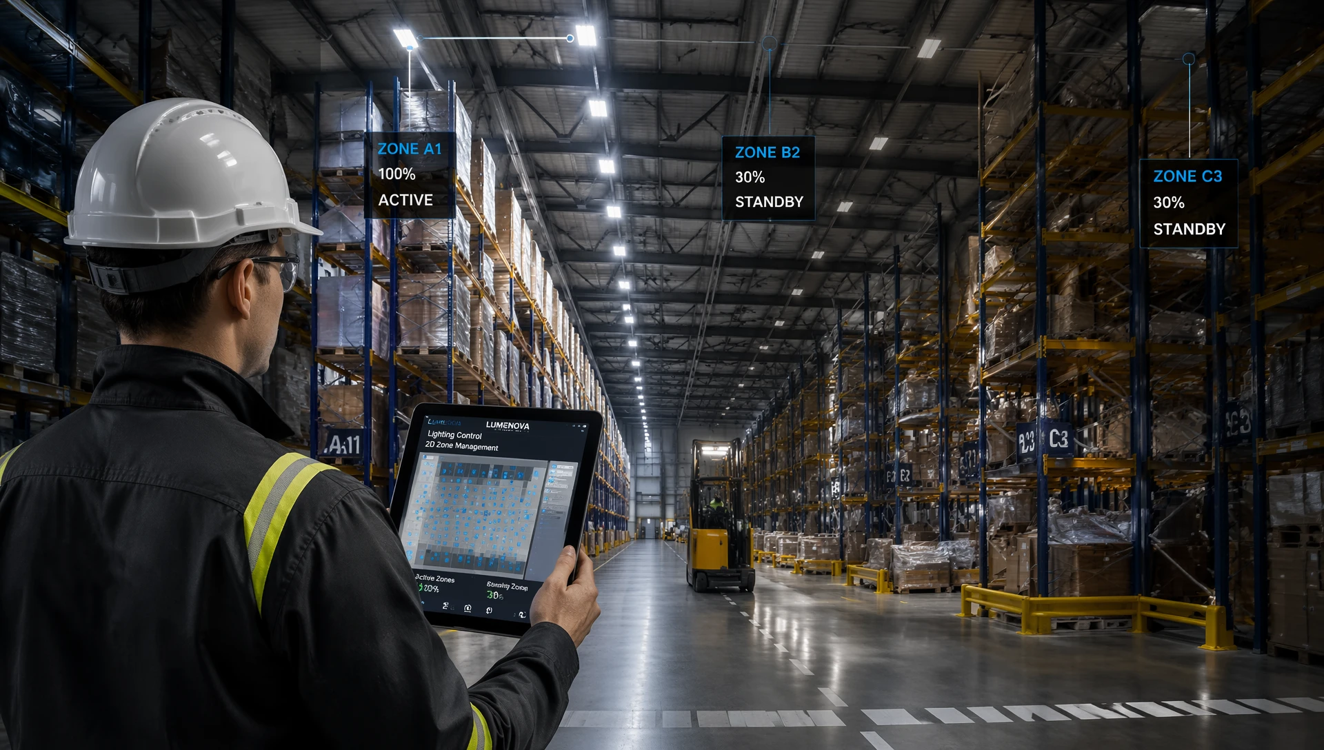 A commissioning engineer using a tablet application to map an NLC certified wireless mesh lighting control network in a large high-bay warehouse