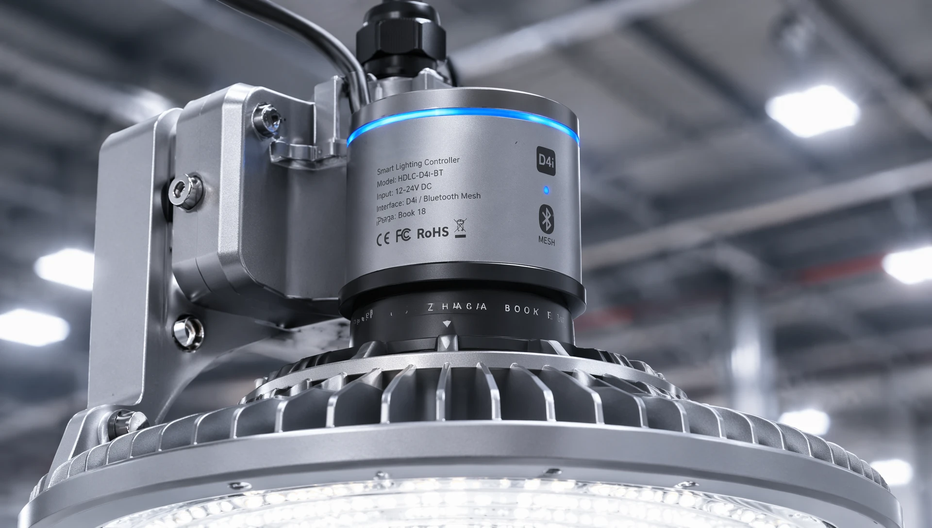 Industrial smart controller integration module with multi-sensor node mounted on a heavy-duty factory LED high-bay Industrial smart controller integration module with multi-sensor node mounted on a heavy-duty factory LED high-bay