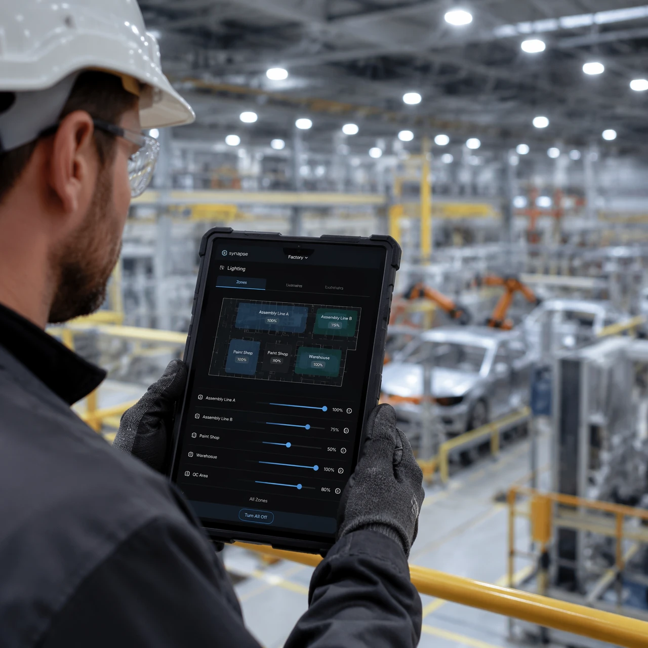 Industrial engineer using LumiEasy mobile app for Bluetooth SIG mesh high-bay lighting control on factory floor