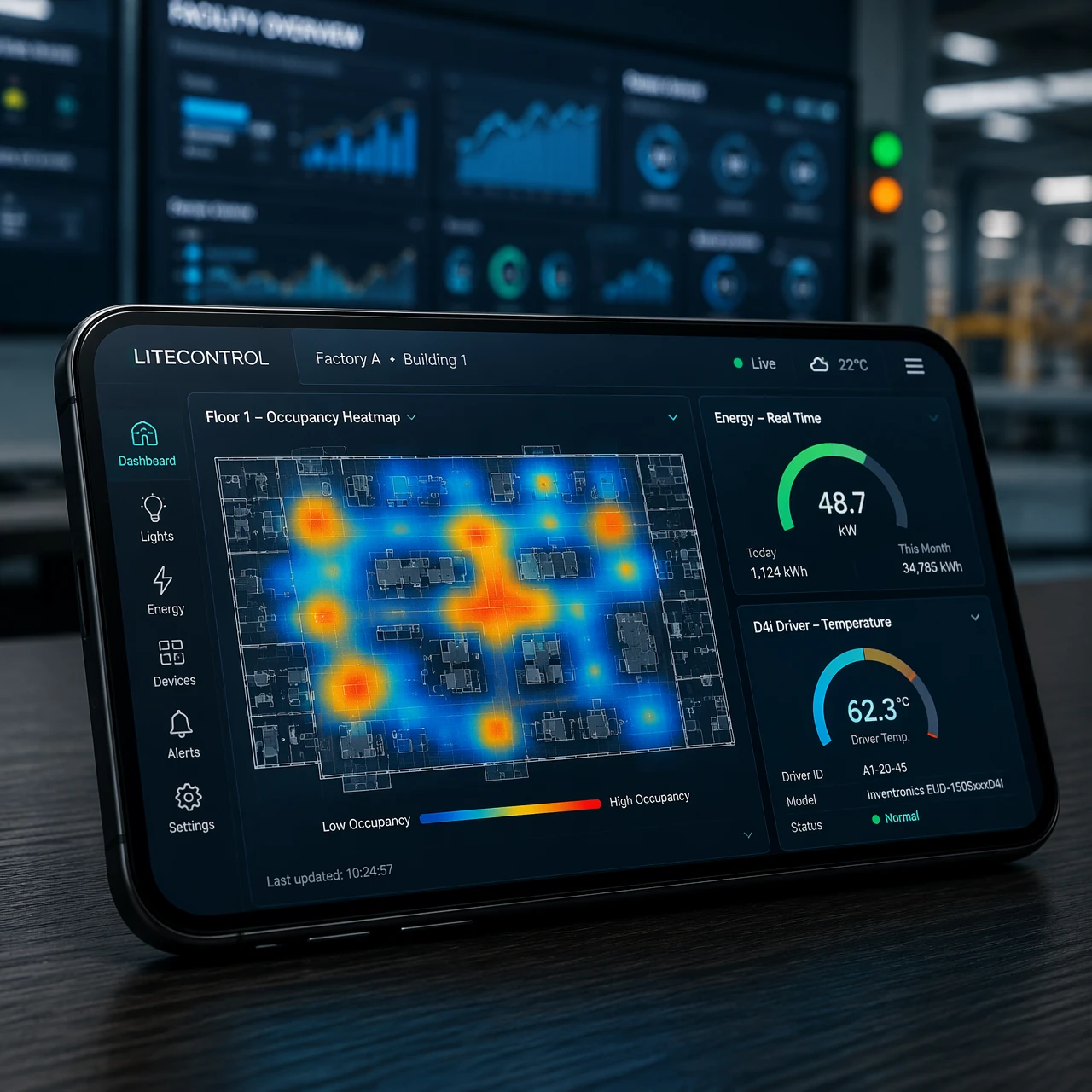 LumiEasy enterprise smart lighting mobile app displaying real-time floorplan heatmap and D4i energy telemetry