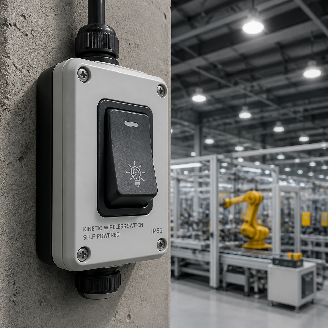 Self-powered kinetic wireless lighting control switch surface mounted on a factory concrete pillar Self-powered kinetic wireless lighting control switch surface mounted on a factory concrete pillar