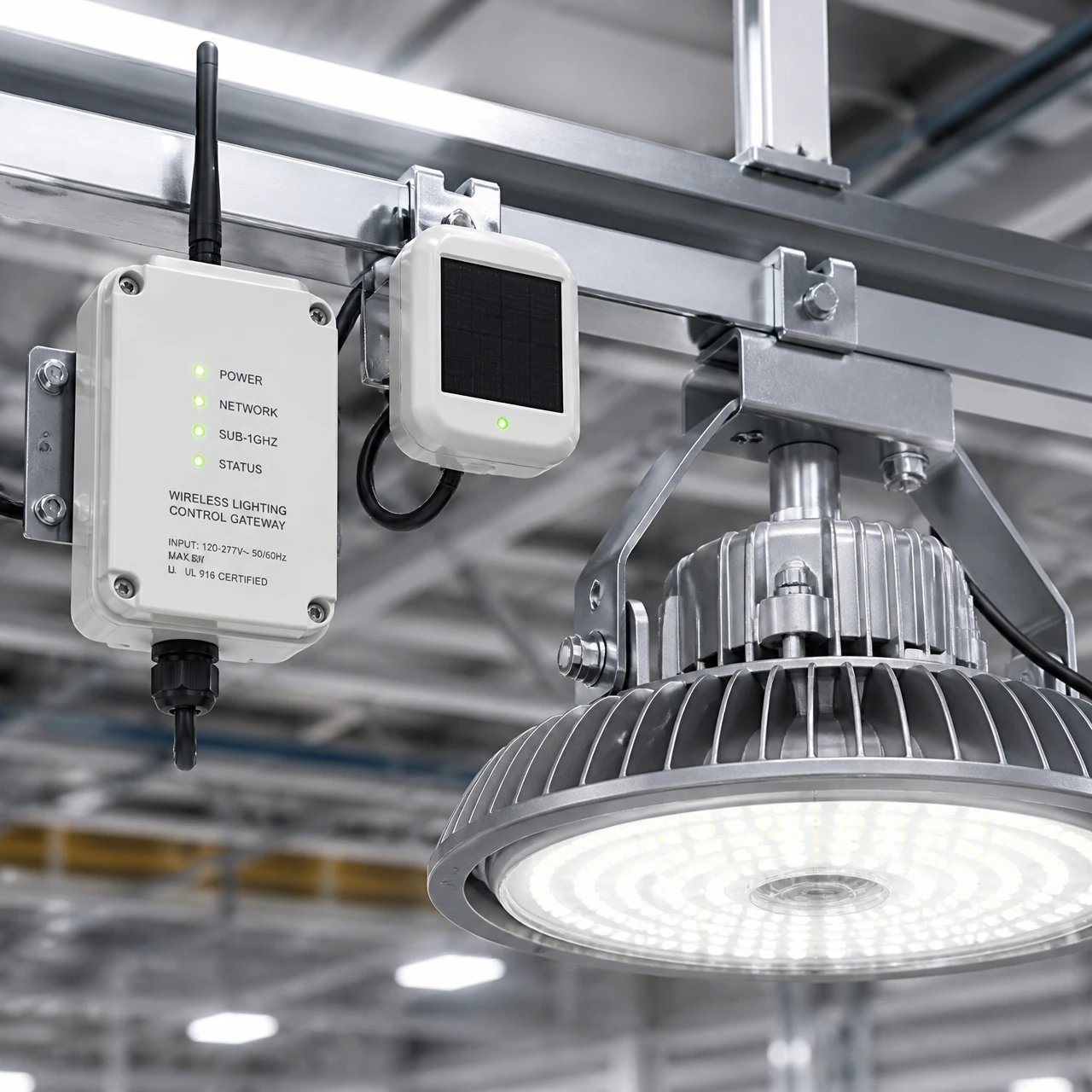 UL 916 and DLC certified self-powered wireless lighting control gateway installed on warehouse ceiling grid UL 916 and DLC certified self-powered wireless lighting control gateway installed on warehouse ceiling grid