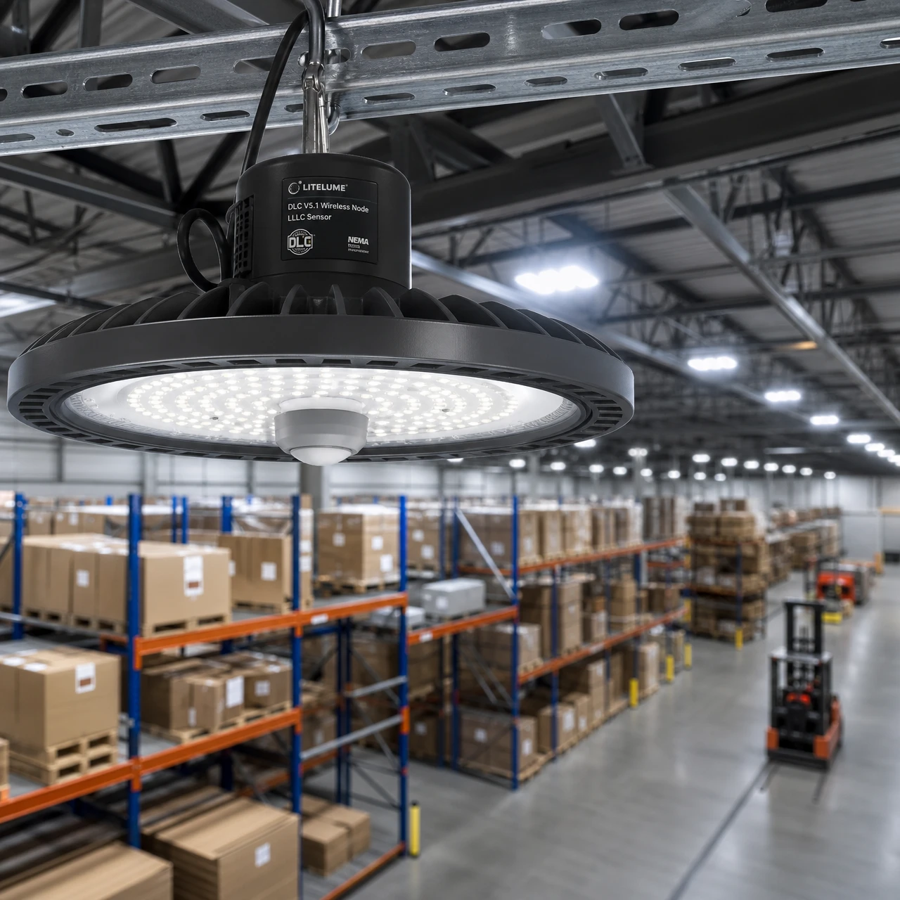 DLC V5.1 compliant Luminaire Level Lighting Control LLLC high-bay LED fixture in an industrial warehouse