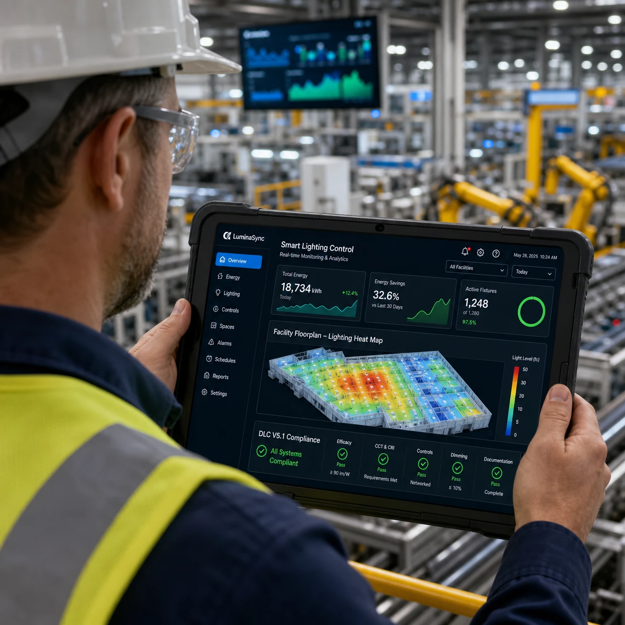 Facility manager verifying DLC V5.1 energy telemetry and compliance dashboard on a tablet