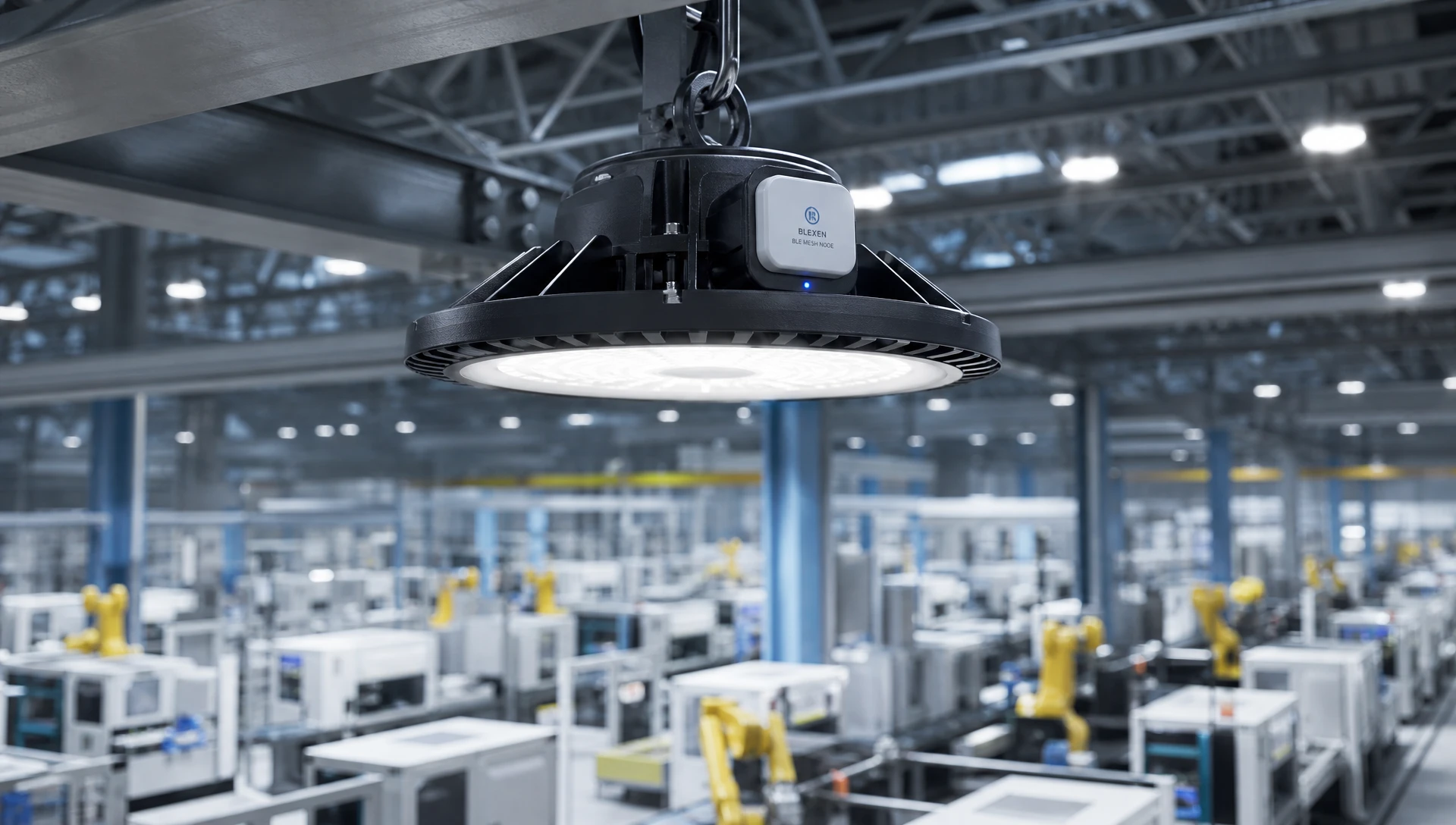 Industrial BLE mesh wireless high-bay smart lighting control system in modern manufacturing plant Industrial BLE mesh wireless high-bay smart lighting control system in modern manufacturing plant