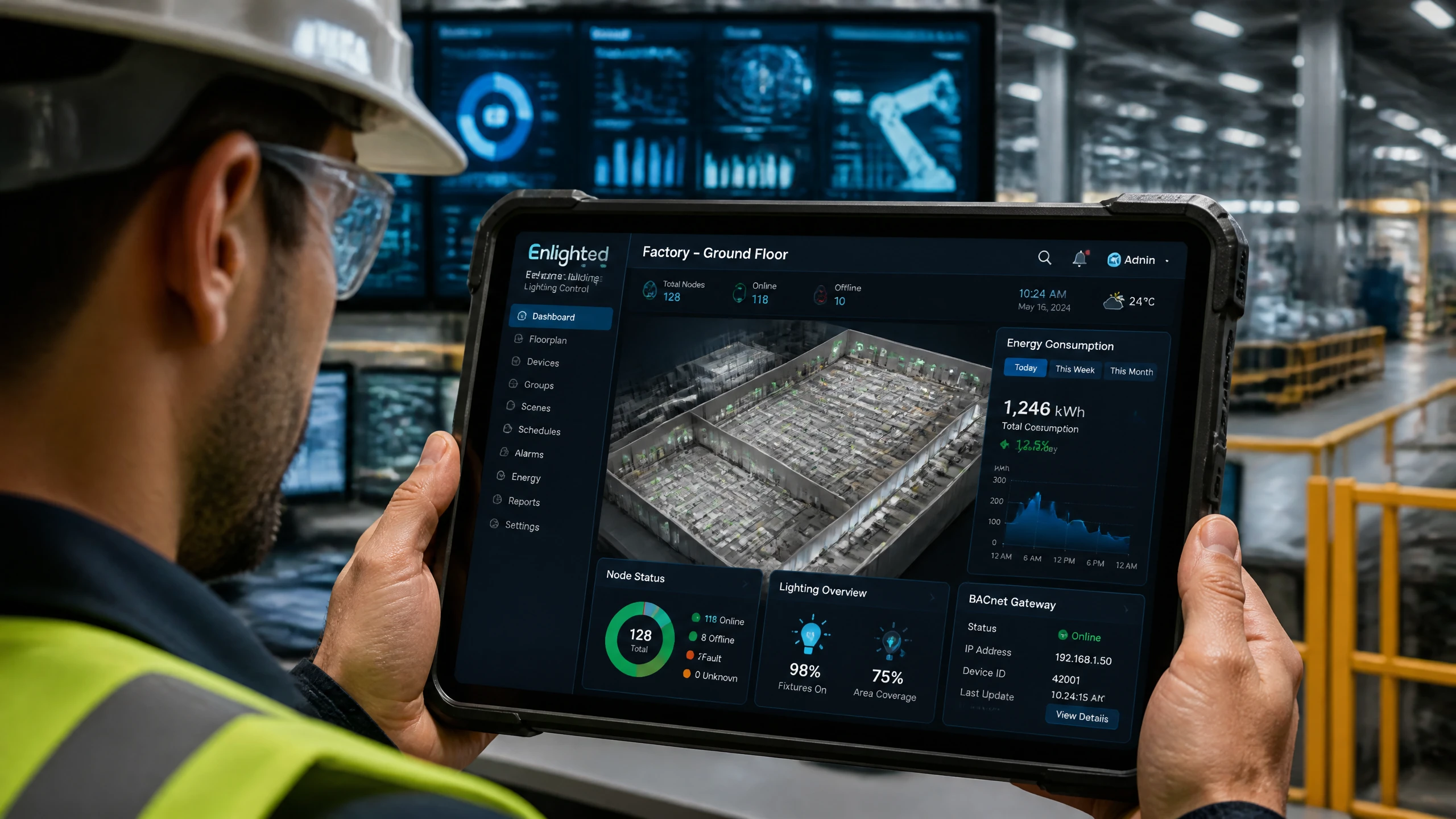 Facility engineer commissioning BLE mesh smart building lighting control and energy telemetry dashboard on a tablet Facility engineer commissioning BLE mesh smart building lighting control and energy telemetry dashboard on a tablet