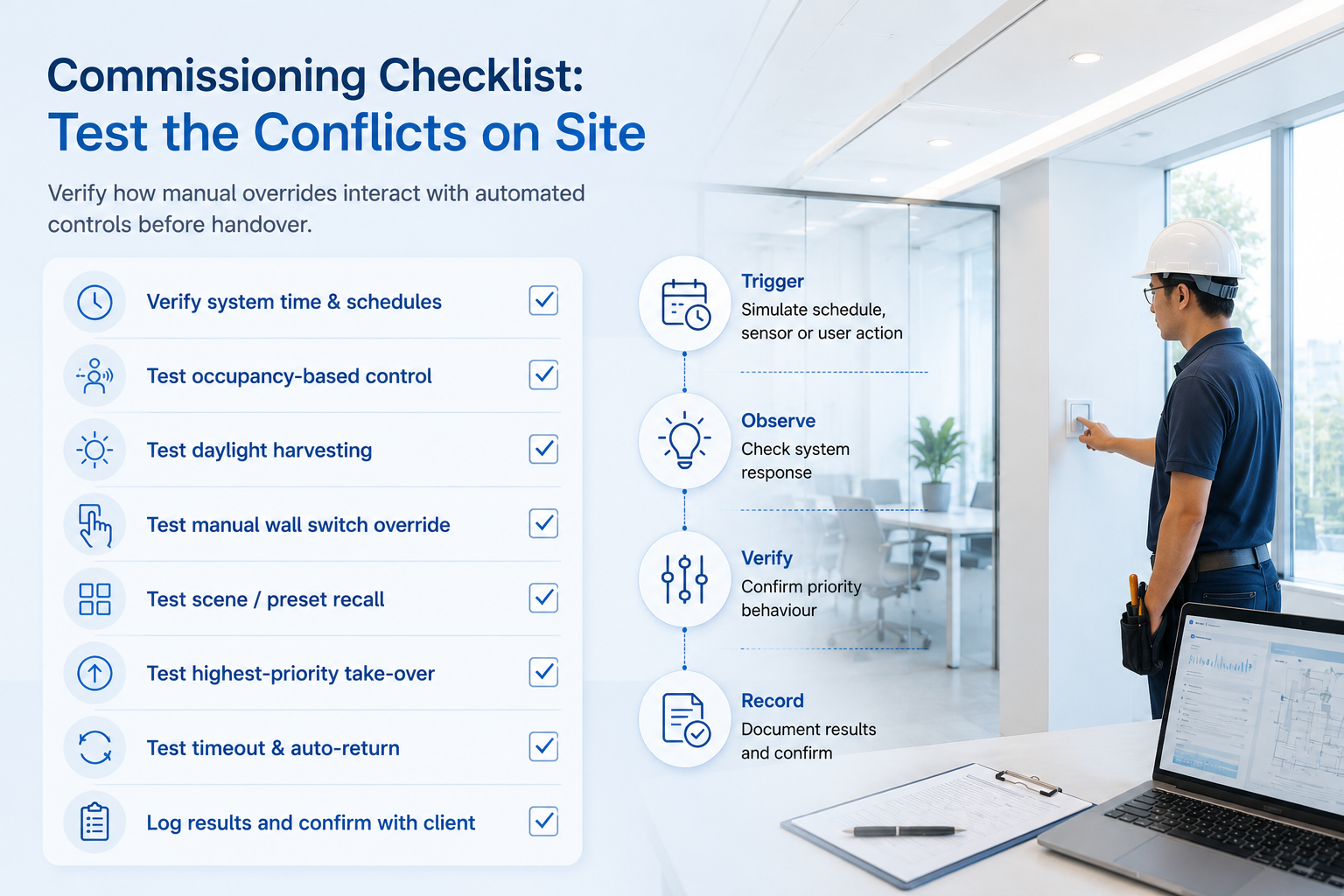 Lighting override commissioning checklist for commercial buildings