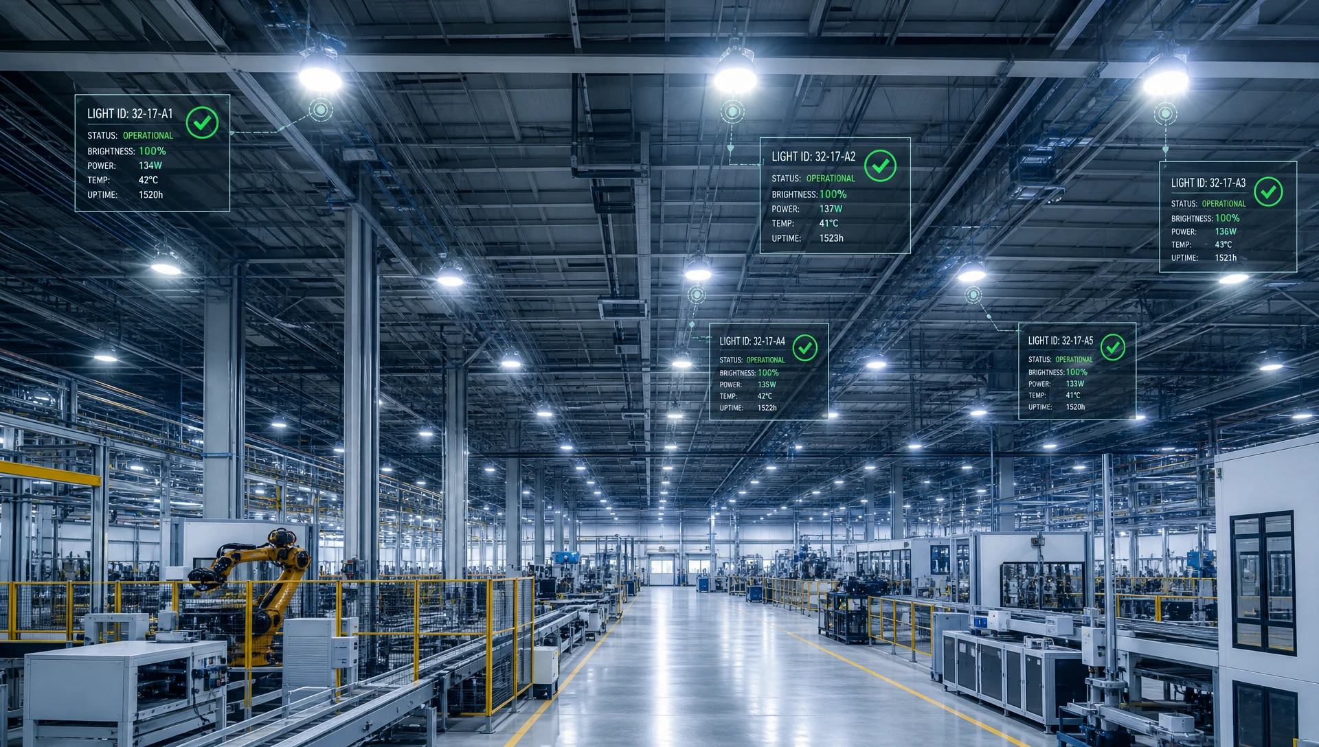 Smart high-bay LED lighting system in automated factory warehouse with wireless monitoring