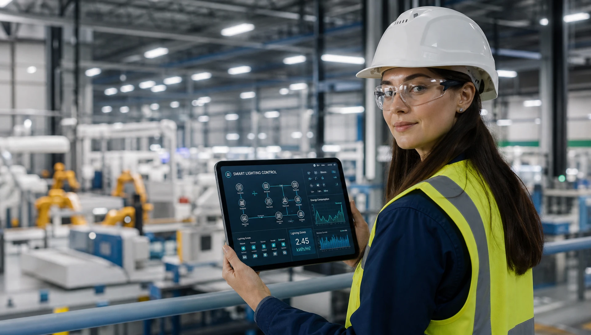 Engineer using tablet for smart lighting system commissioning and BMS integration on factory floor