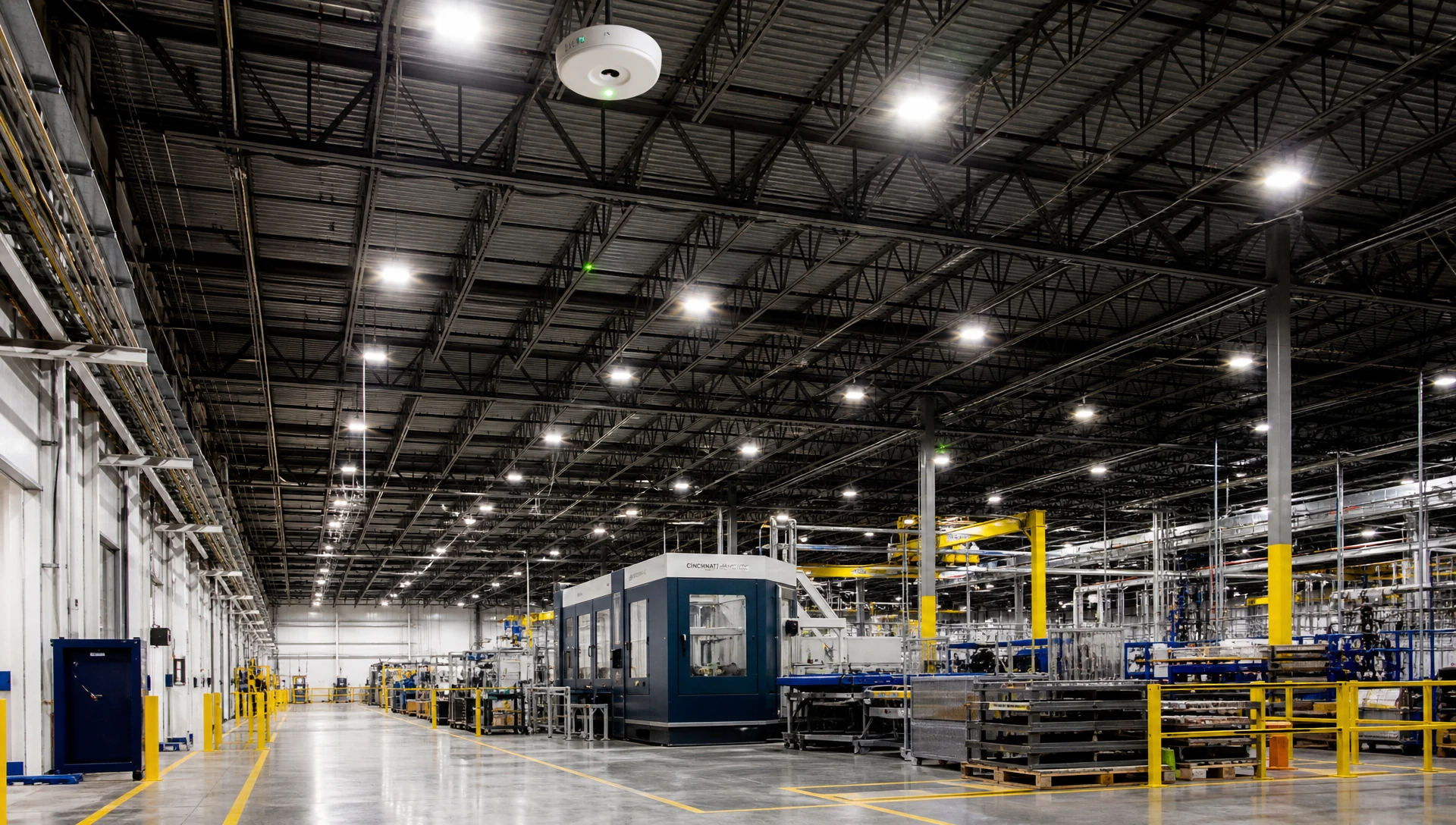Industrial smart lighting system installed in high-bay factory ceiling with integrated sensors