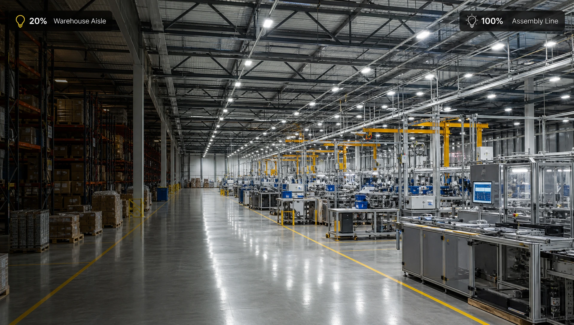 Multi zone lighting control in industrial warehouse showing bright assembly line and dimmed storage aisle Multi zone lighting control in industrial warehouse showing bright assembly line and dimmed storage aisle