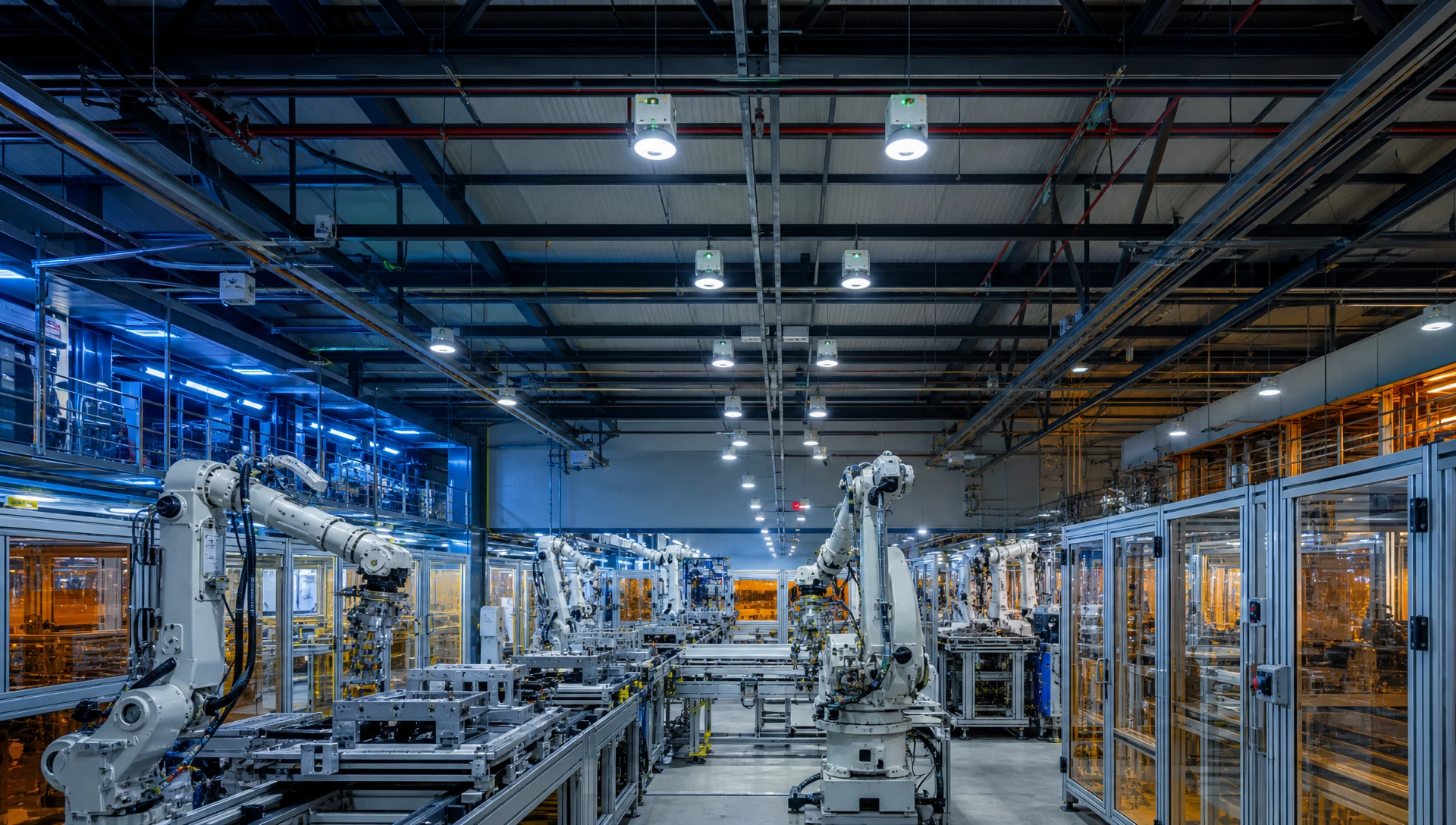 DALI D4i sensor ready high bay LED lights installed in modern smart factory with automated daylight harvesting DALI D4i sensor ready high bay LED lights installed in modern smart factory with automated daylight harvesting