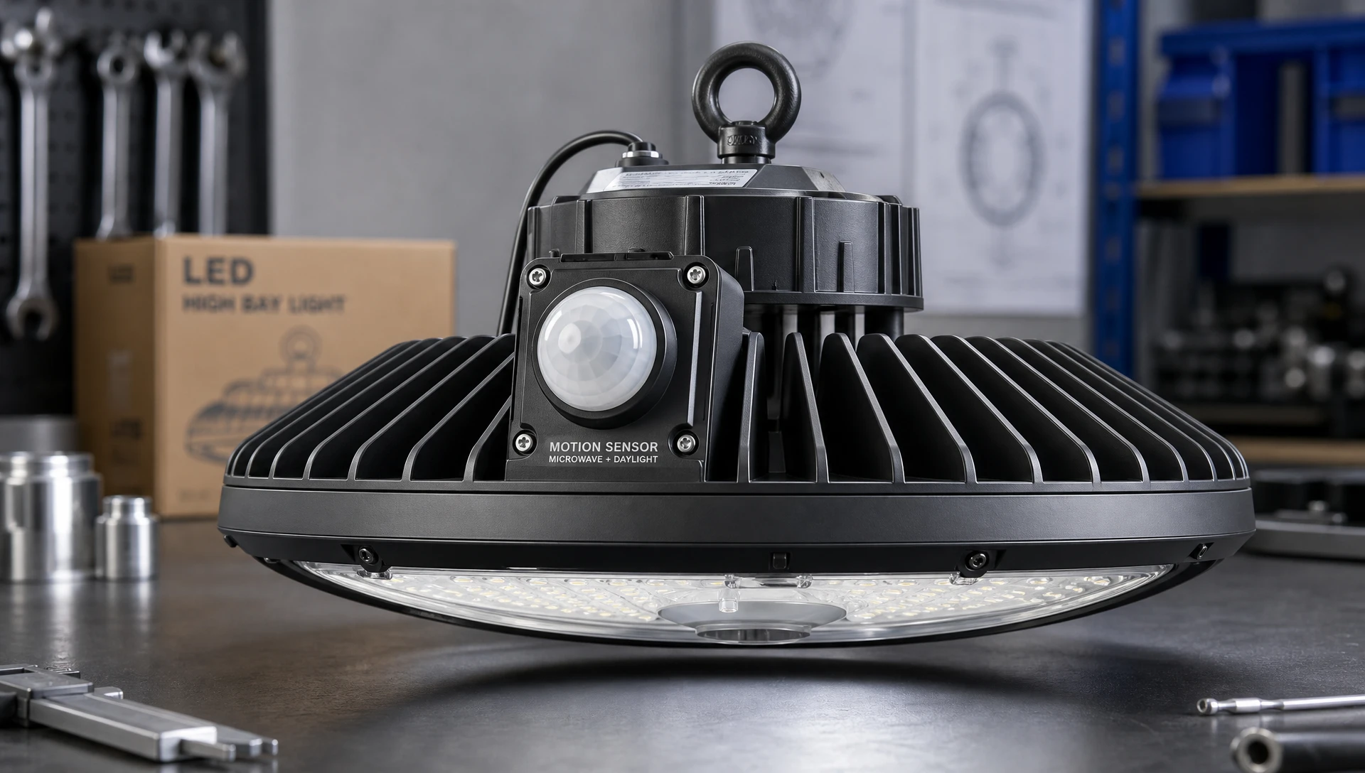 High bay LED luminaire with integrated motion sensor and specialized linear optical lens for warehouse aisle range detection