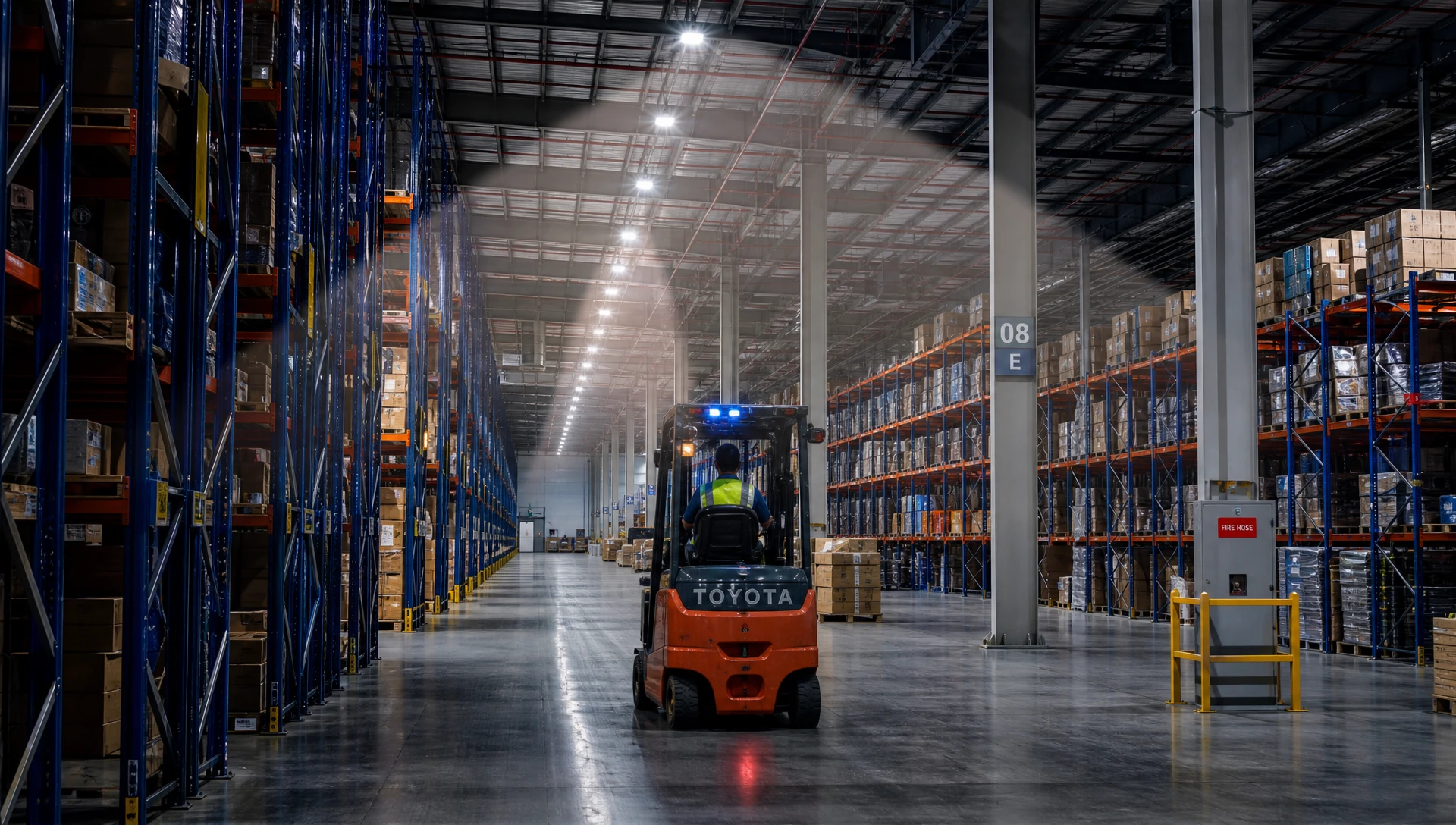Smart warehouse aisle occupancy motion sensor detecting approaching forklift with range optimized high bay LED lighting