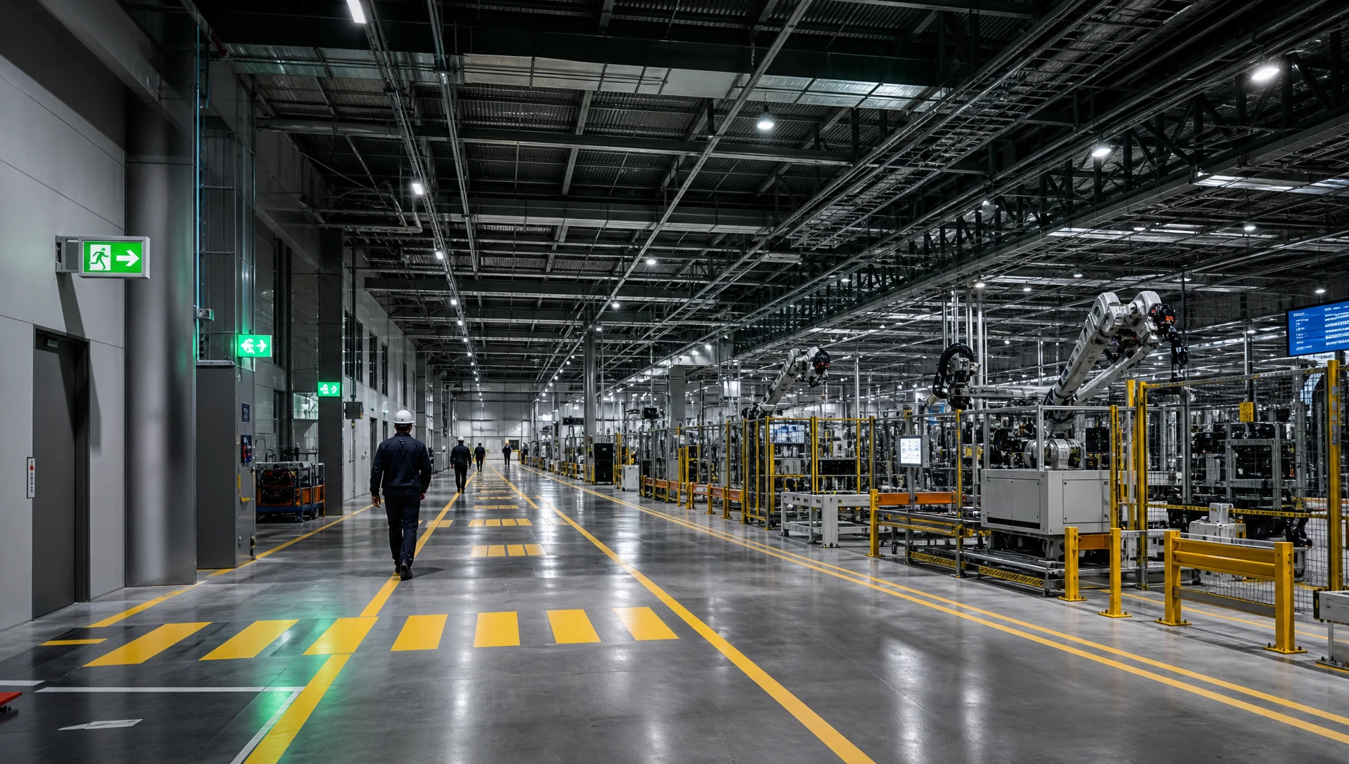 Centralized emergency egress lighting system illuminating industrial factory aisle with automated status monitoring Centralized emergency egress lighting system illuminating industrial factory aisle with automated status monitoring
