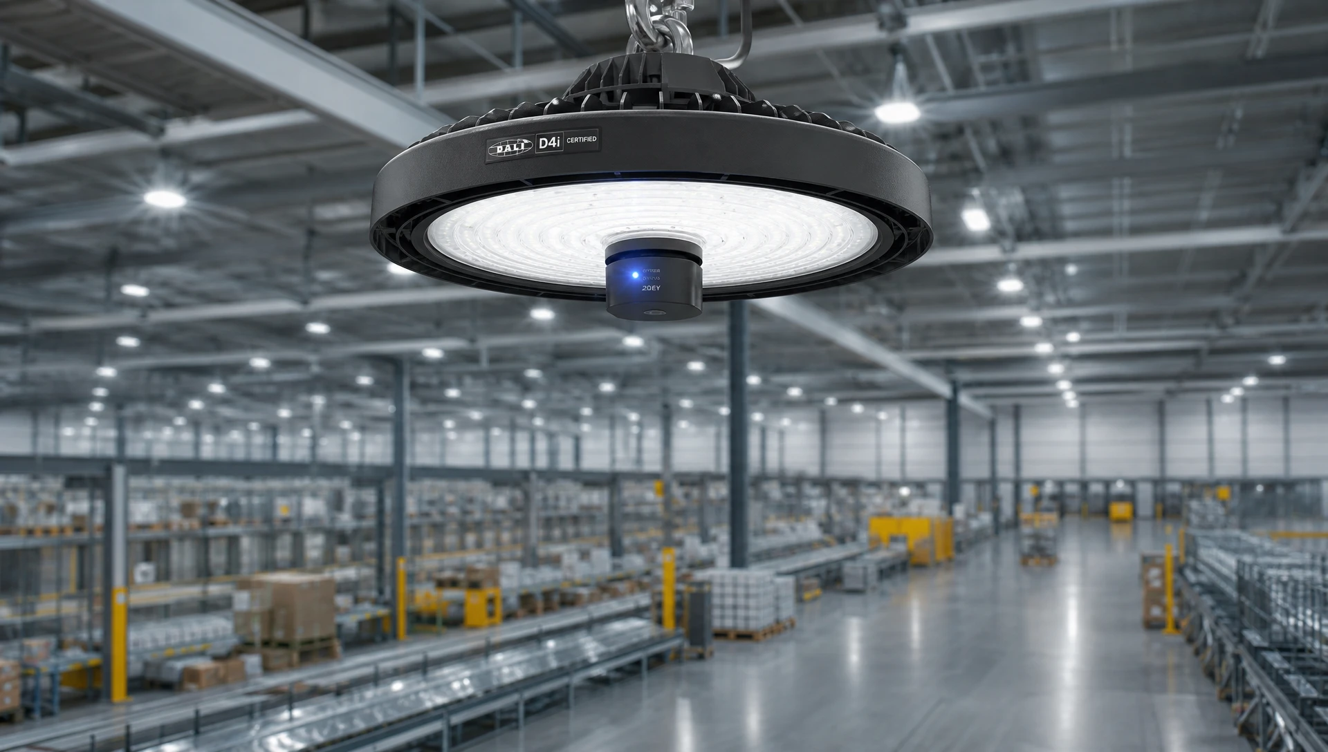 D4i High Bay Luminaire with Integrated Zhaga Book 18 Smart Sensor Node in an Automated Industrial Warehouse. D4i High Bay Luminaire with Integrated Zhaga Book 18 Smart Sensor Node in an Automated Industrial Warehouse.