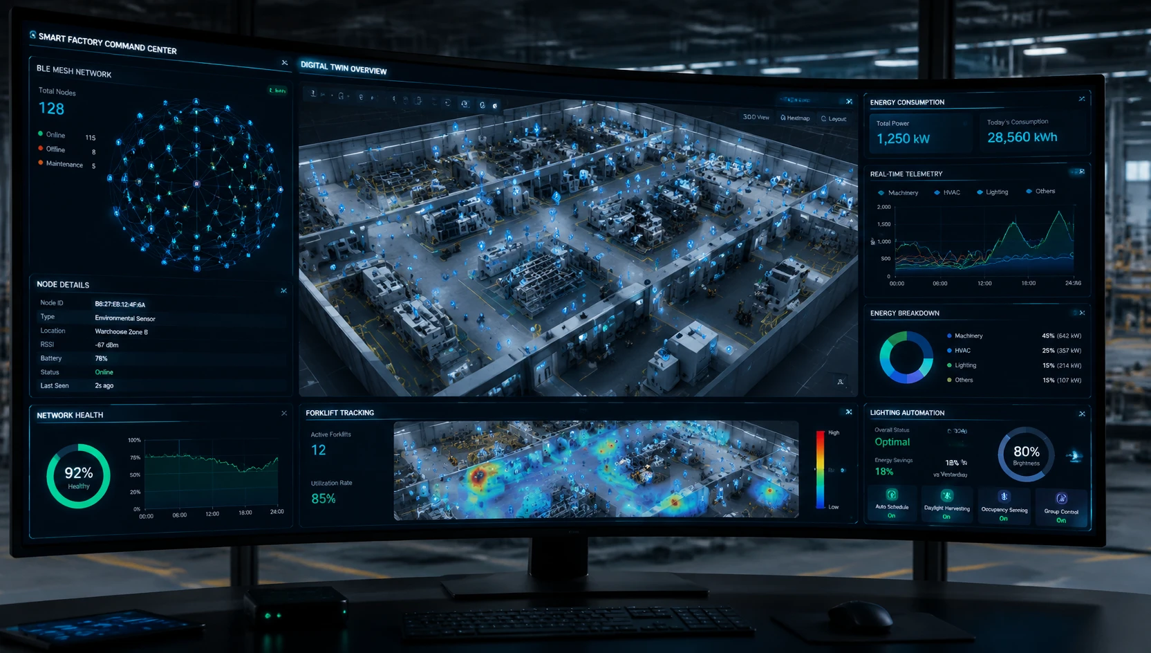 Real-time Factory SCADA Control Dashboard displaying BLE Mesh Topology and Asset Tracking Heatmap. Real-time Factory SCADA Control Dashboard displaying BLE Mesh Topology and Asset Tracking Heatmap.