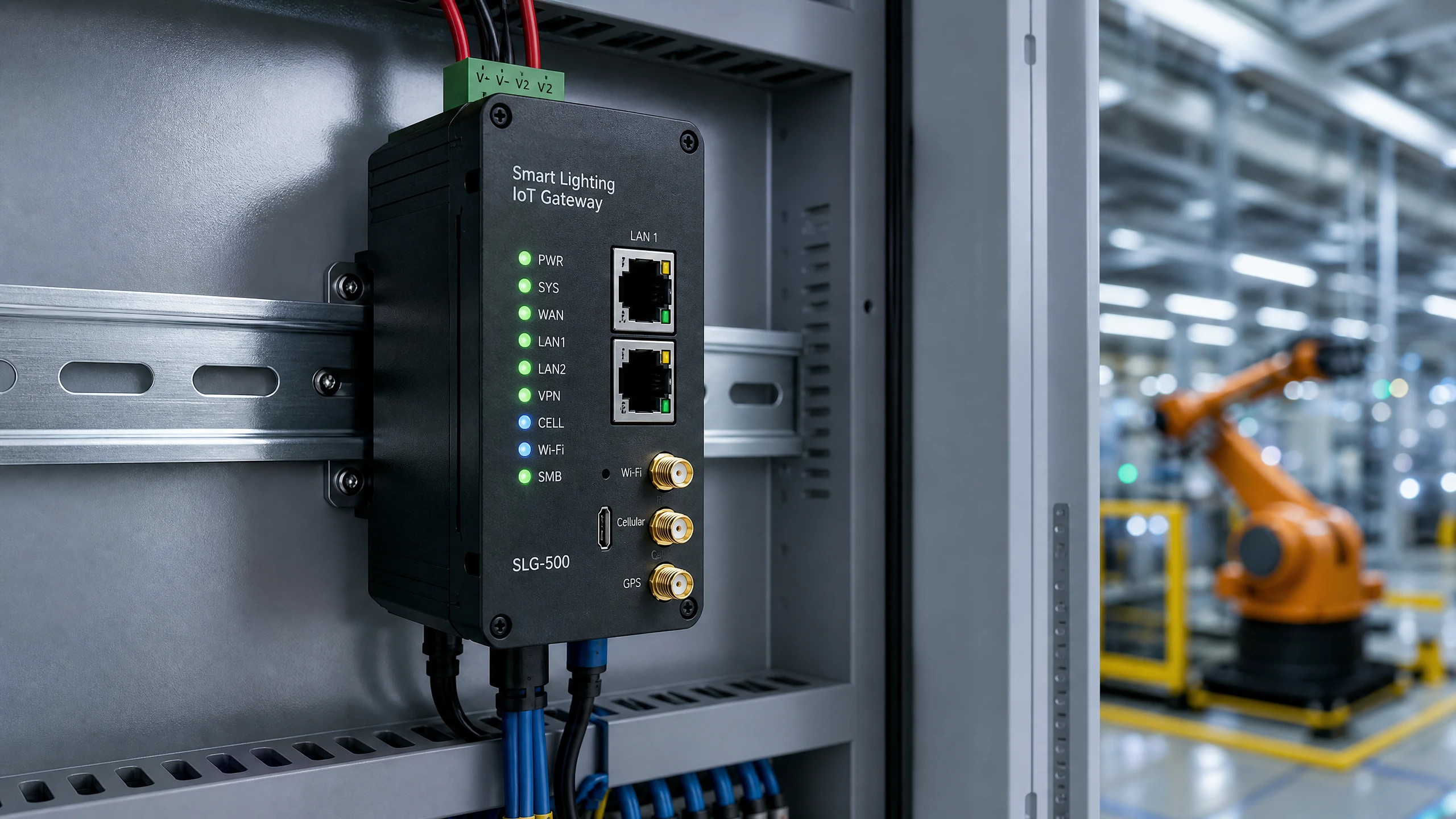 Industrial Smart Lighting Gateway mounted on DIN-rail inside a factory control cabinet. Industrial Smart Lighting Gateway mounted on DIN-rail inside a factory control cabinet.