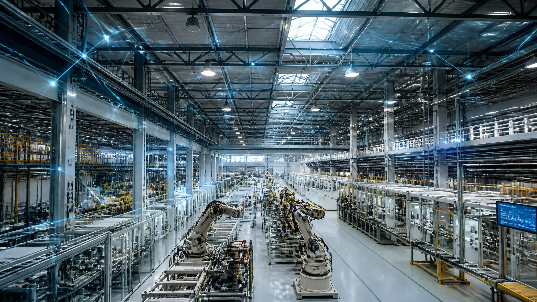 Architectural view of a smart factory equipped with automated daylight harvesting and high-bay LED controls