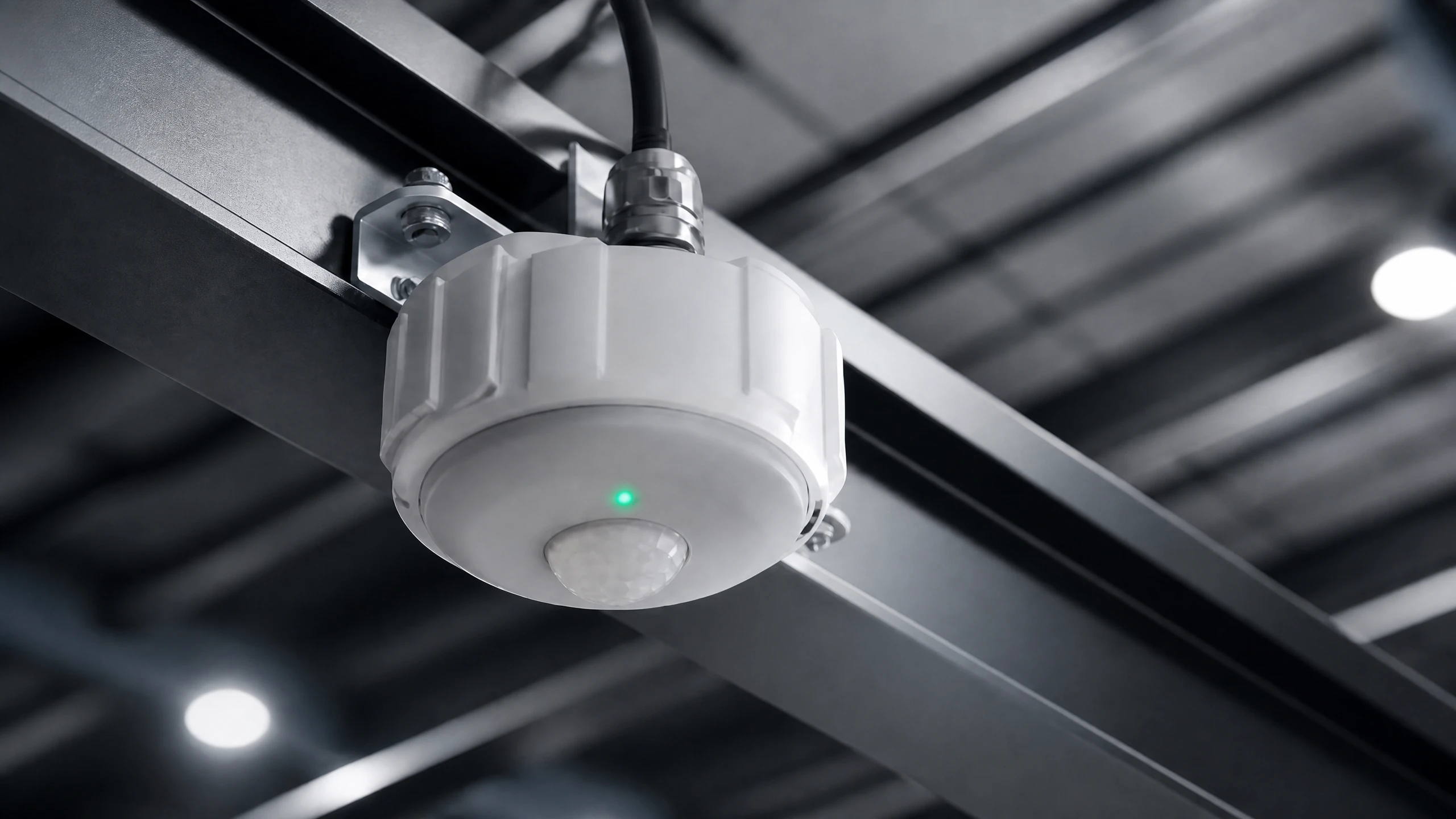 Industrial-grade IP67 dual-technology occupancy and daylight sensor engineered for high-ceiling harsh manufacturing environments
