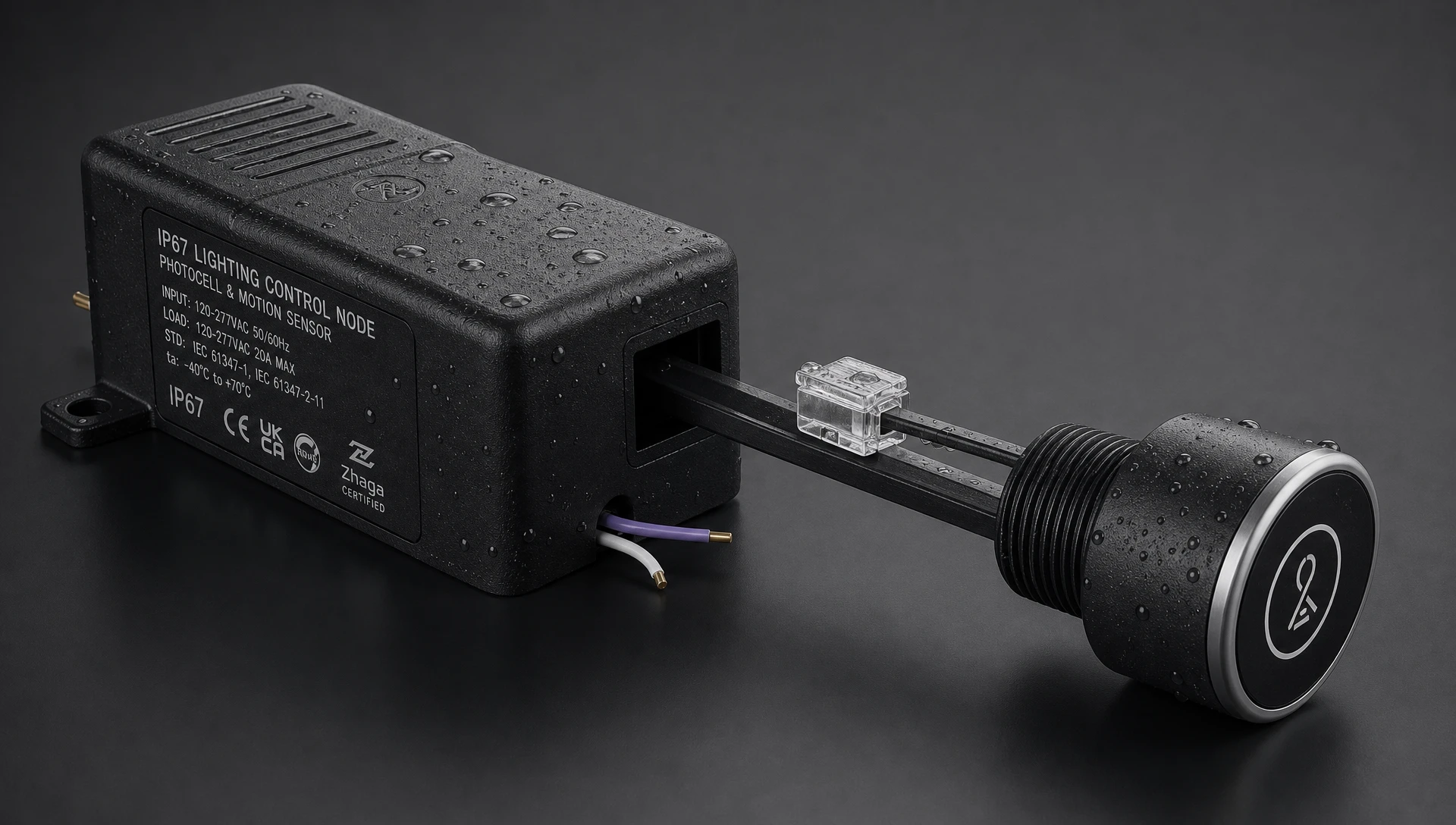 Rugged IP67 waterproof luminaire lighting control node with Zhaga connector