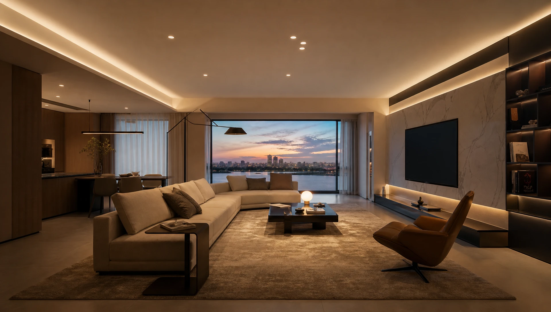 Luxury smart home living room with automated warm dimmable LED lighting control