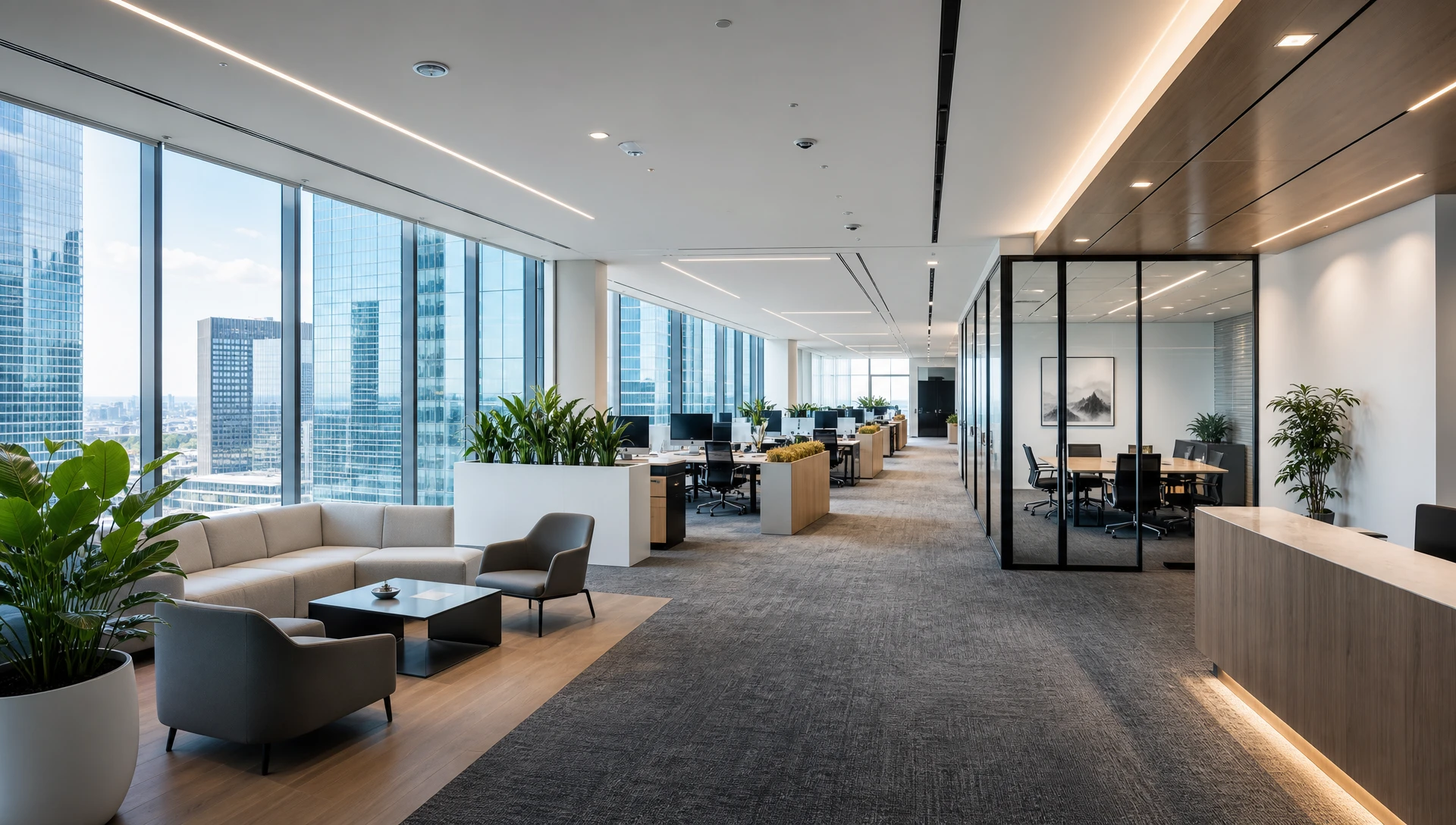 Modern corporate office with human-centric LED linear lights and dynamic daylight harvesting control Modern corporate office with human-centric LED linear lights and dynamic daylight harvesting control